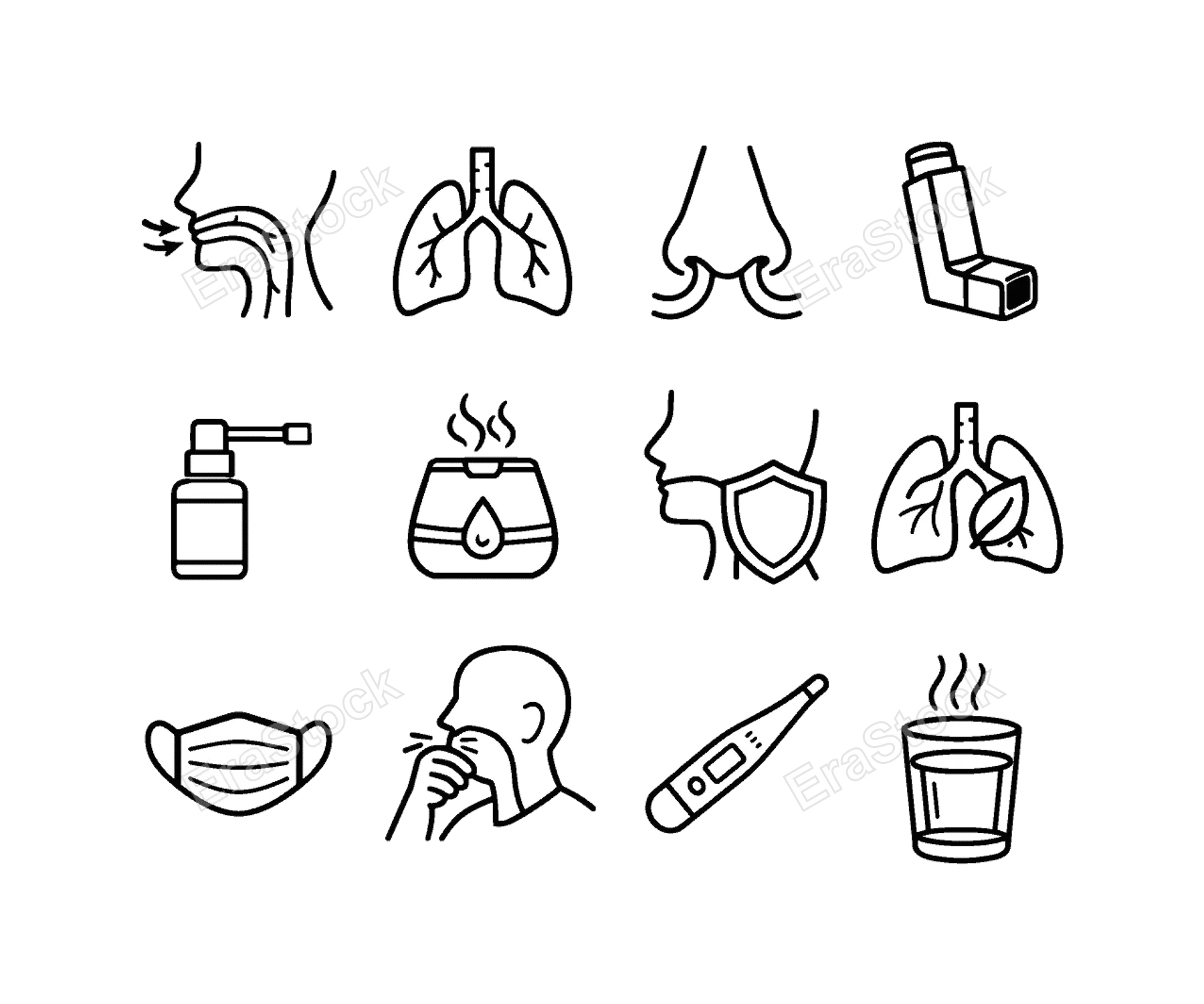 Throat respiratory health: throat with airflow arrows, lungs organ, nose with breathing lines, inhaler device, medicine throat spray, humidifier vapor device, throat with shield