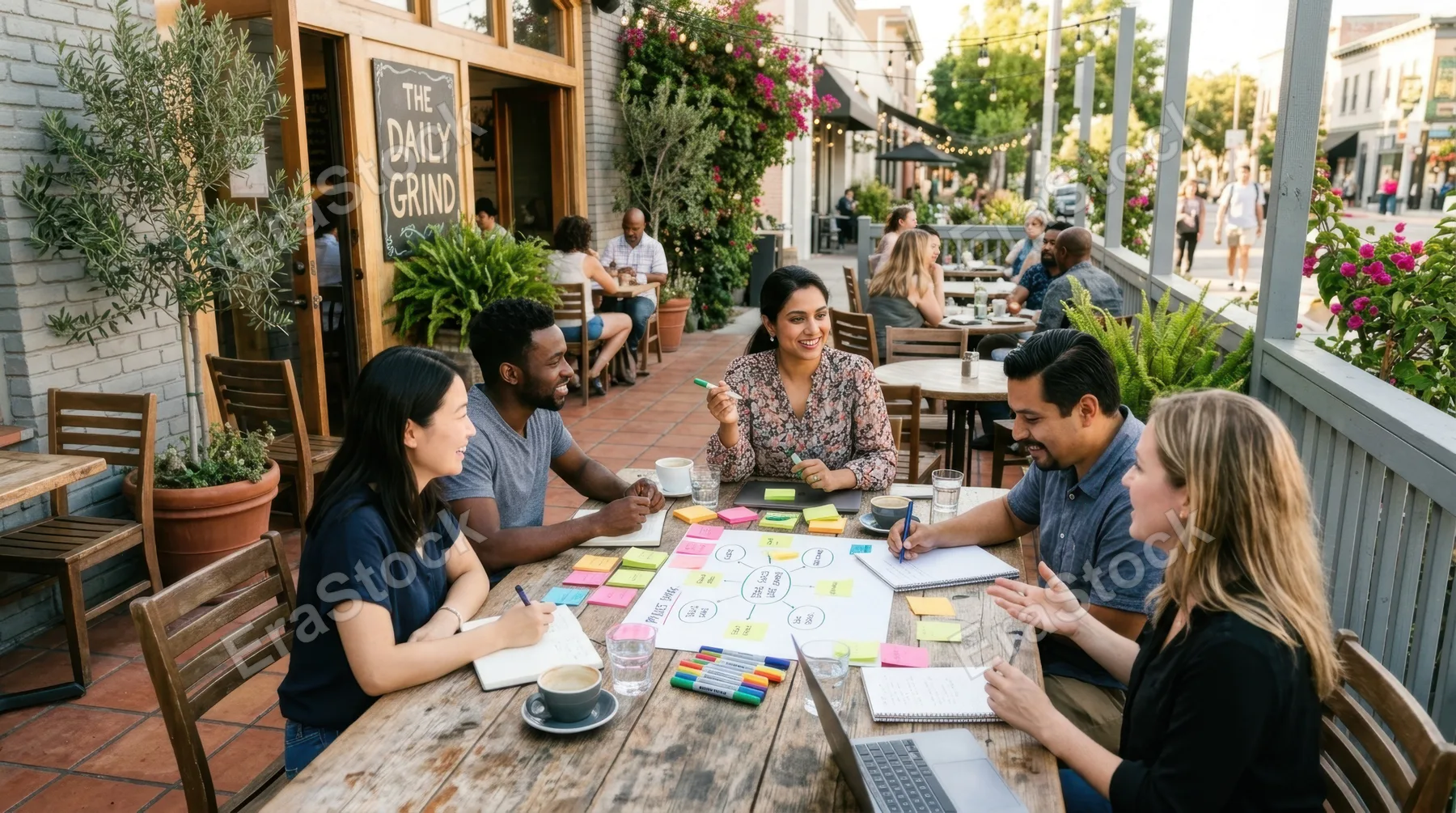 a wide shot of a sunny cafe patio, where a 30-year-old south asian female team leader is seated at a rustic wooden table, leading a brainstorming session with her team