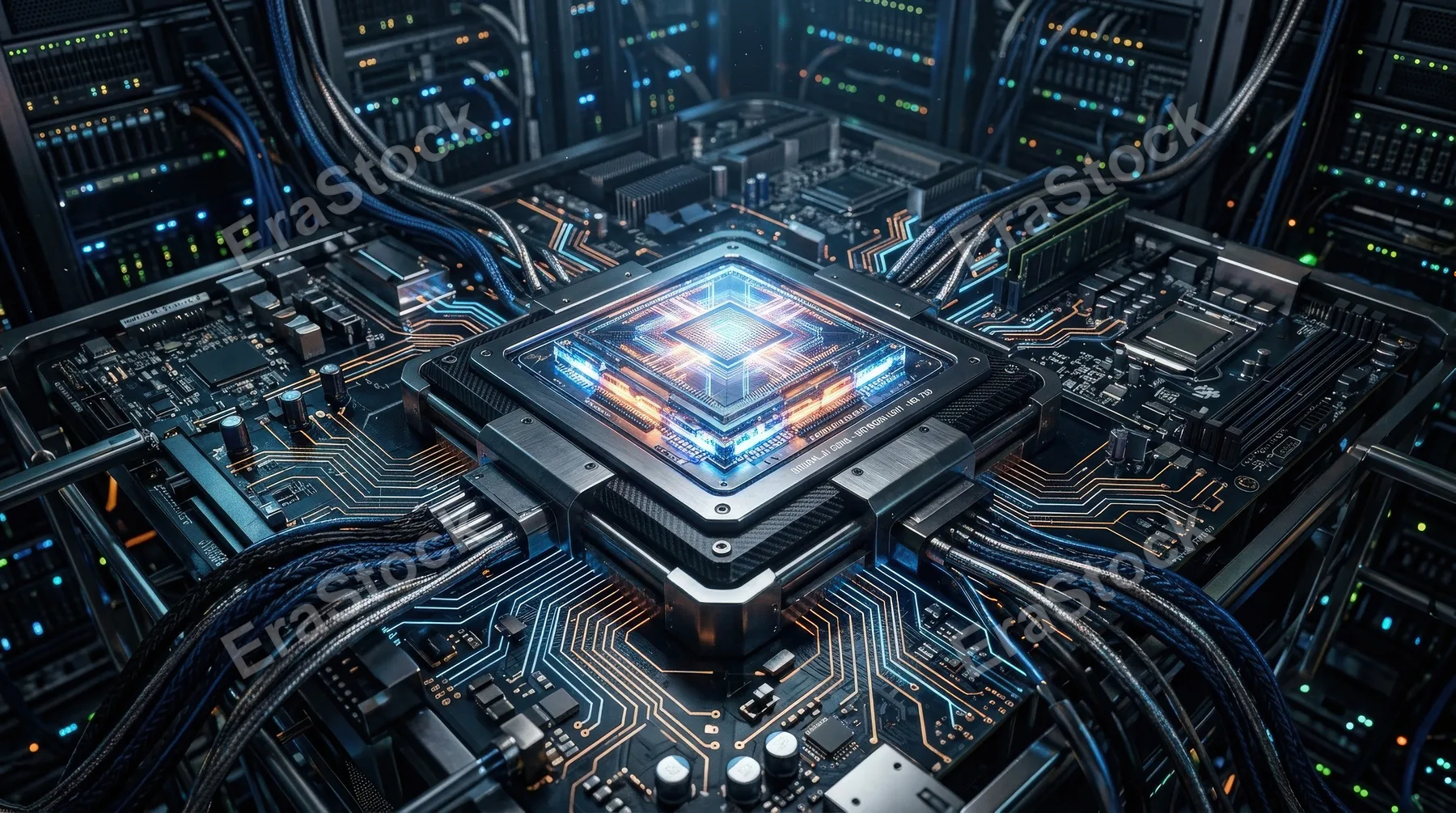 An AI processor core powering an intelligent network system, radiant central chip, intricate circuit lines, metallic surfaces, dramatic sci-fi lighting, ultra-realistic, no logos.