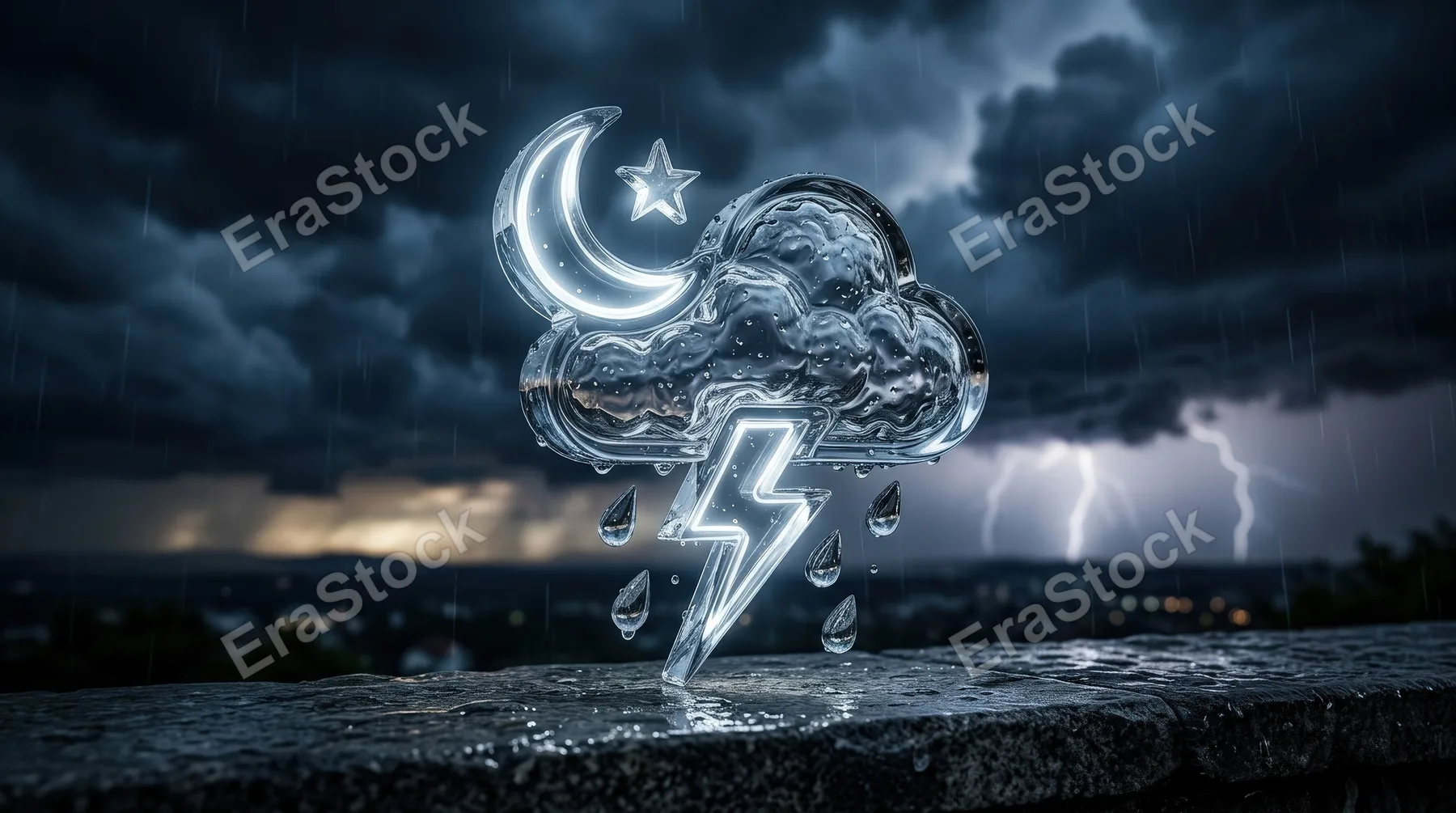A transparent glass icon of lightning, rain cloud, moon and star, glossy crystal texture and a moody stormy-night atmosphere, ultra-realistic, no logos.