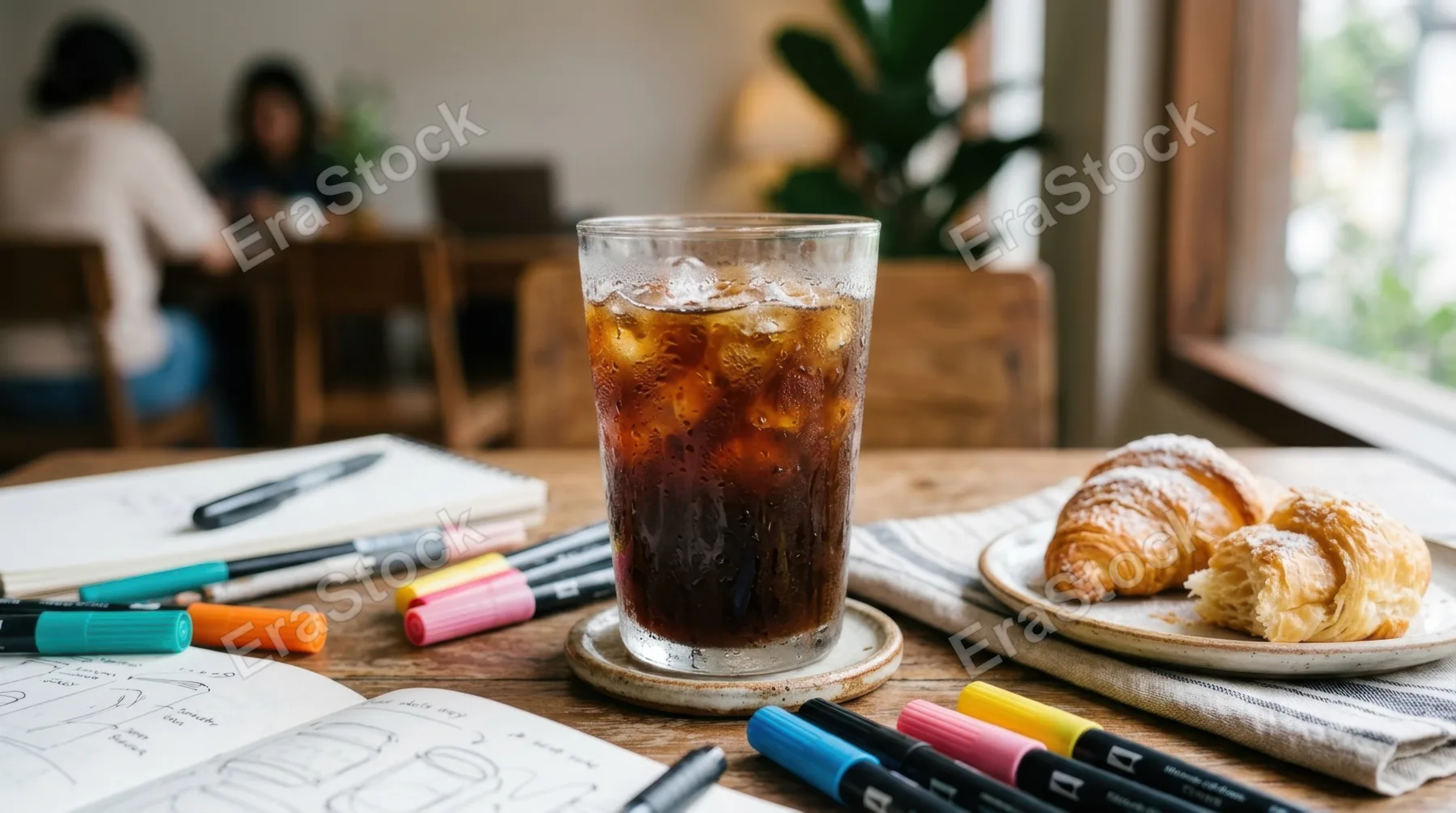 a close-up detail of the iced americano reveals the beads of condensation on the glass, highlighting its chilled texture. scattered colorful markers and a small plate of