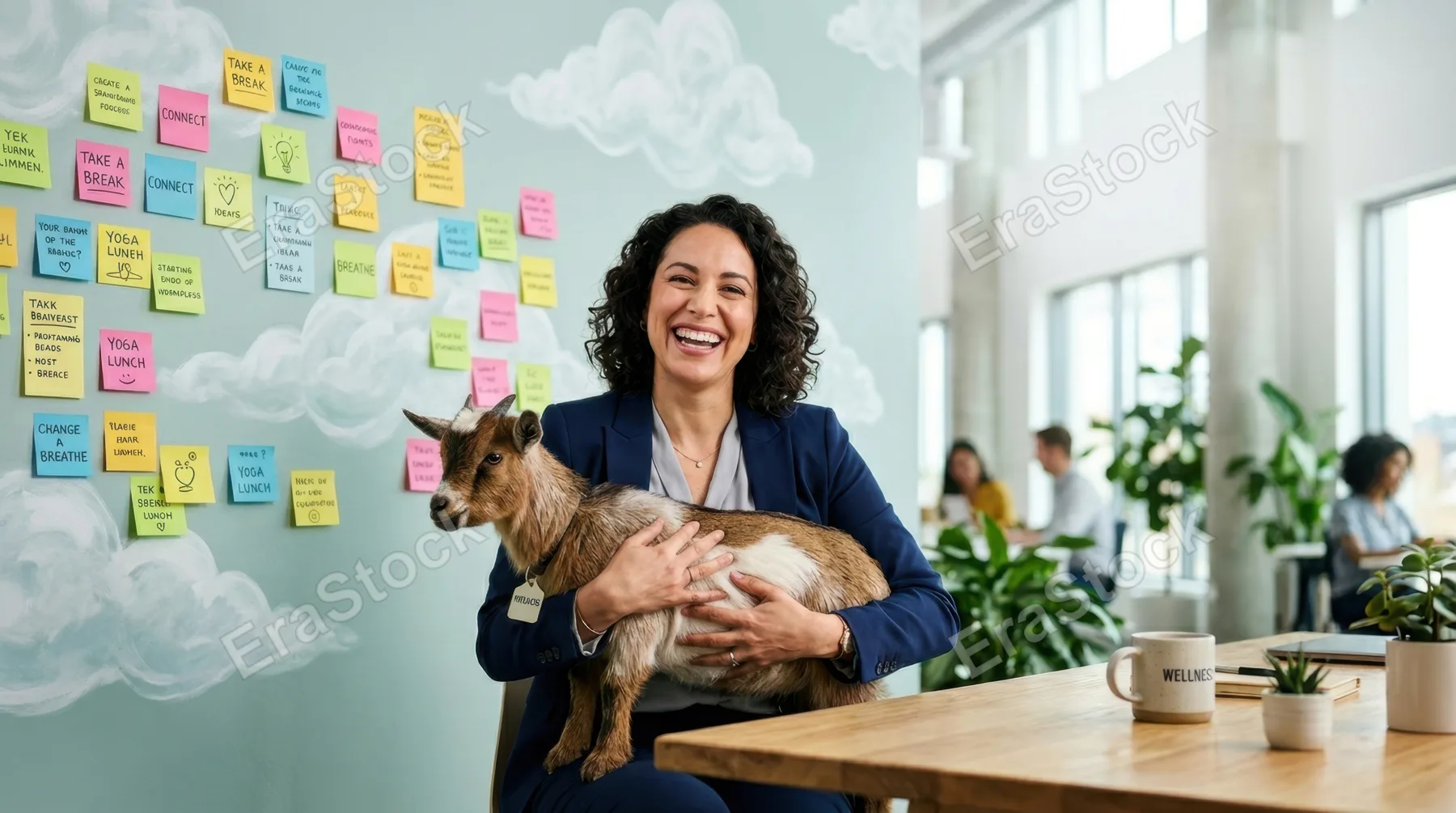 a striking composition focused on the goat held by the executive, framed by vibrant sticky notes and the ethereal cloud motifs on the walls. the setting conveys the