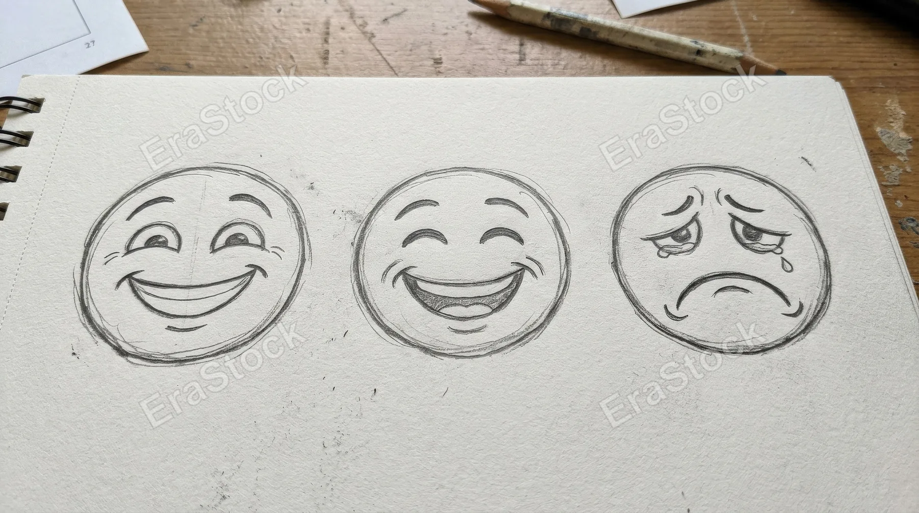 A hand-drawn emoji face set in sketch style with happy, sad, and smiling expressions, simple line art, playful emotional character, ultra-realistic, no logos.