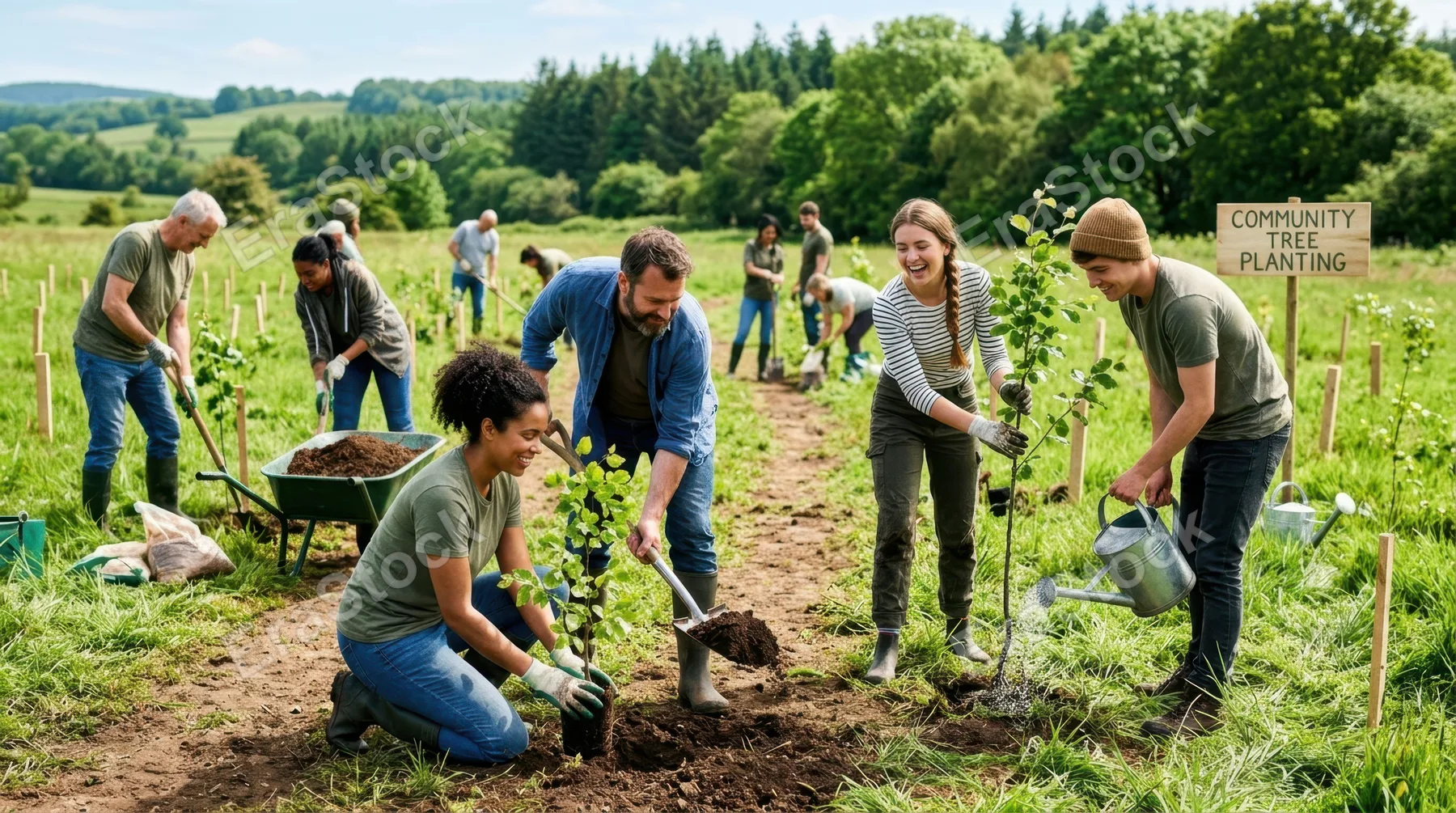 Group of volunteers planting young trees in an open field, people working together with shovels and soil, fresh greenery surrounding the scene, bright daylight enhancing