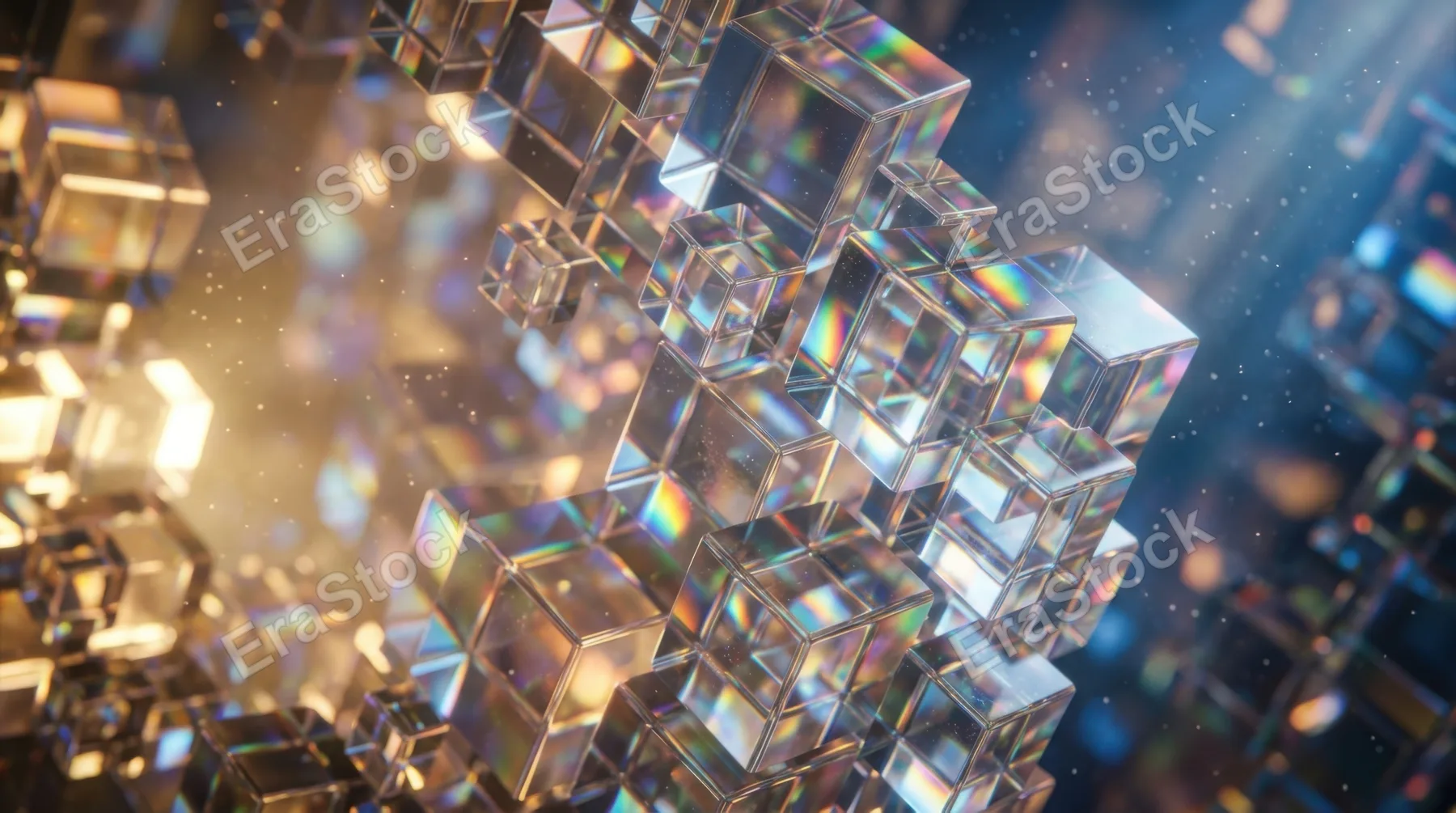 Abstract composition of translucent glass cubes layered and interlocking at various angles, light refracting through crystalline surfaces creating rainbow prisms and soft