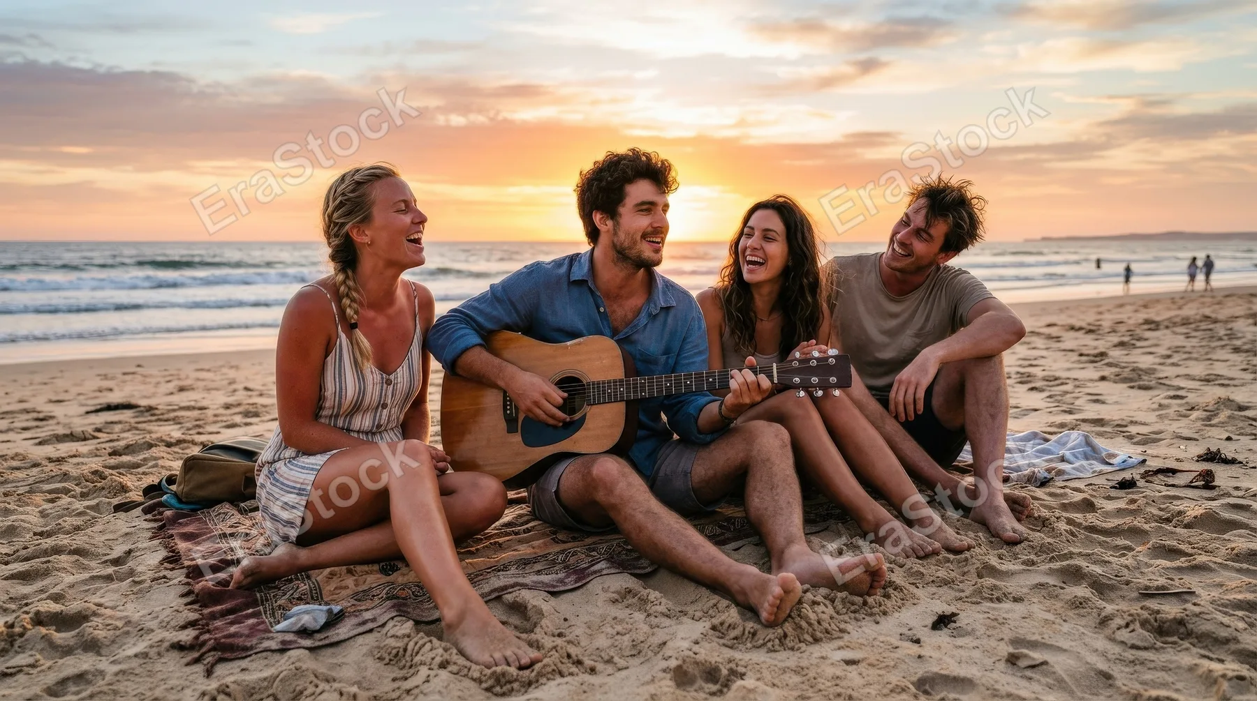 Friends on the beach playing guitar and singing, barefoot in the sand, ocean behind them, easy summer camaraderie, warm sunset glow, ultra-realistic, no logos.
