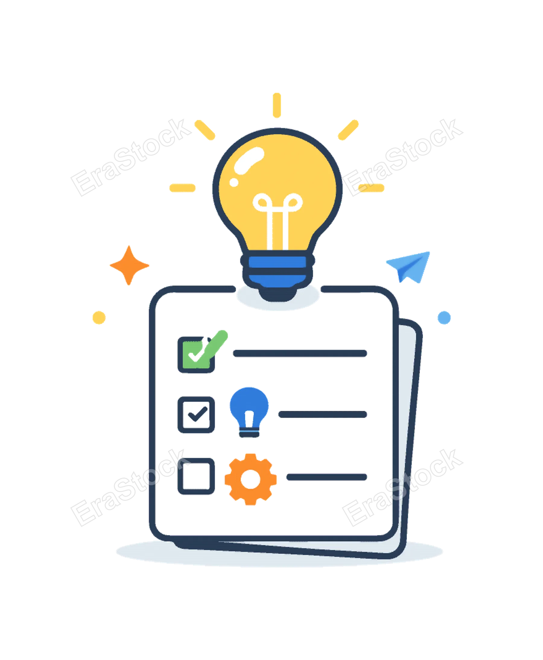 Creative workflow and innovation development centered on transforming ideas into actionable concepts, a light bulb positioned above a simple checklist forming a clear visual