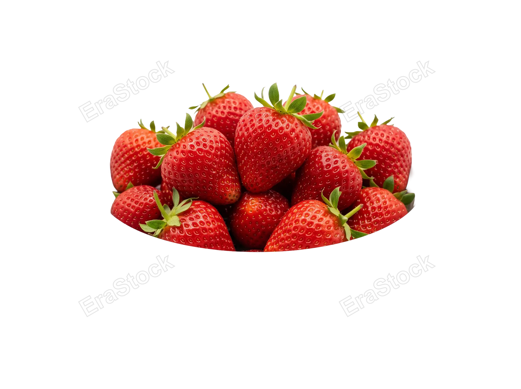 A vibrant collection of juicy, red strawberries with green stems is presented in a detailed, high-quality arrangement