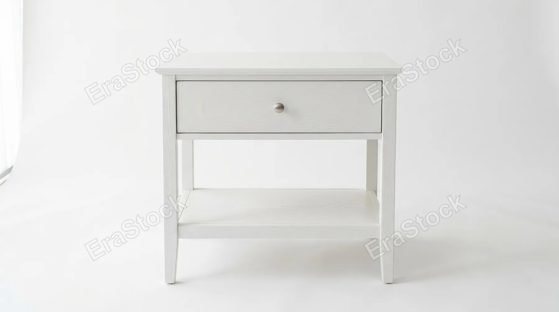 A white wooden nightstand with one drawer and a lower shelf on a plain white background, subtle wood texture and soft studio lighting, simple elegant atmosphere, ultra-realistic, no logos.