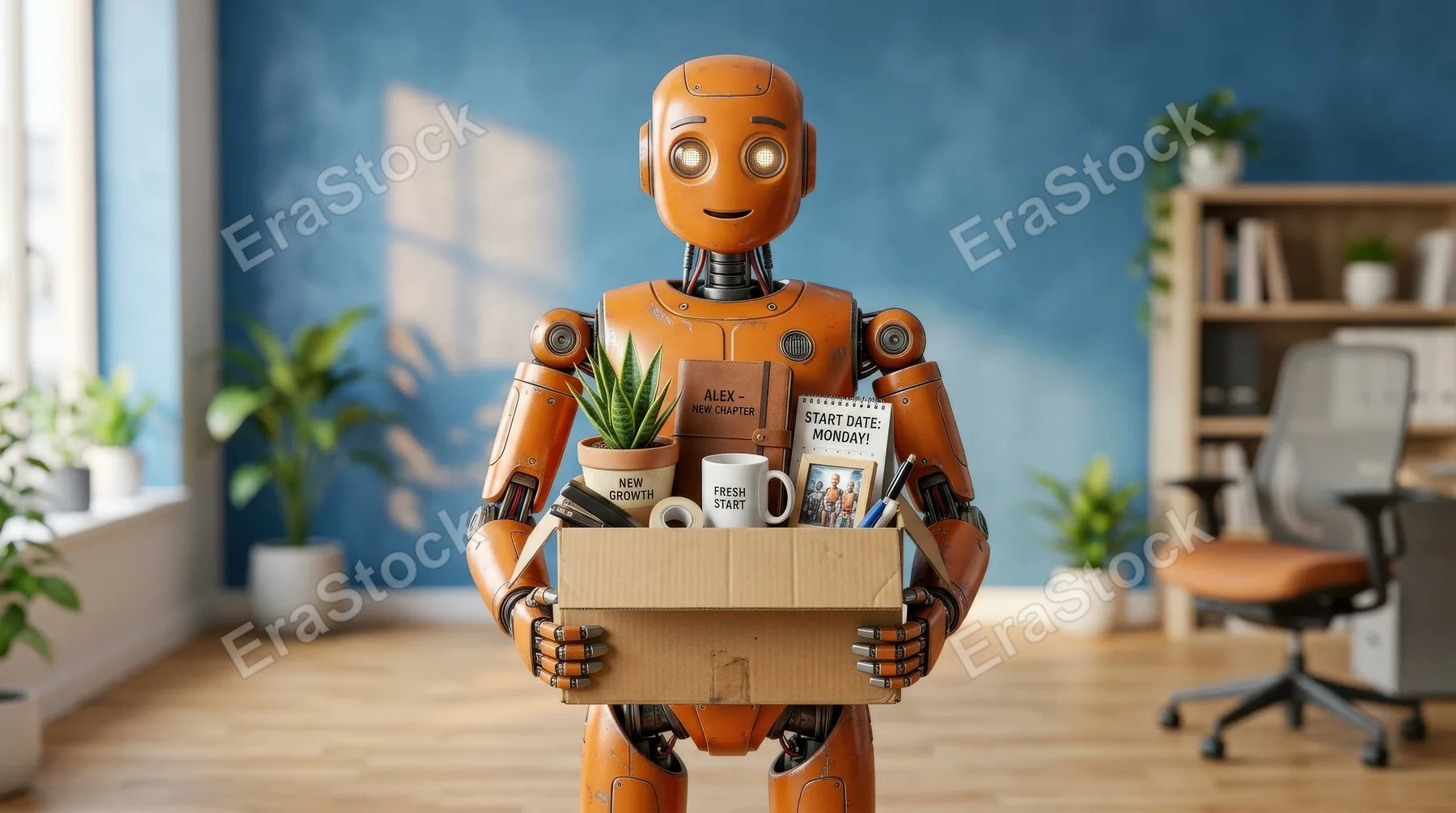 A friendly orange robot holding office belongings in a cardboard box on a blue background, tidy props, career transition concept, soft studio lighting, hopeful fresh-start atmosphere, ultra-realistic,