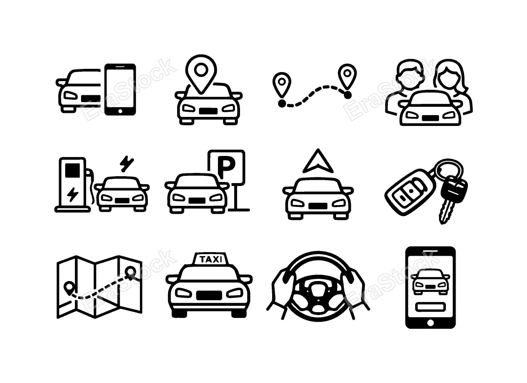 Car sharing and ride service: car with smartphone, car with location pin, car with route path, two user avatars with car, electric car charging station, parking sign with car
