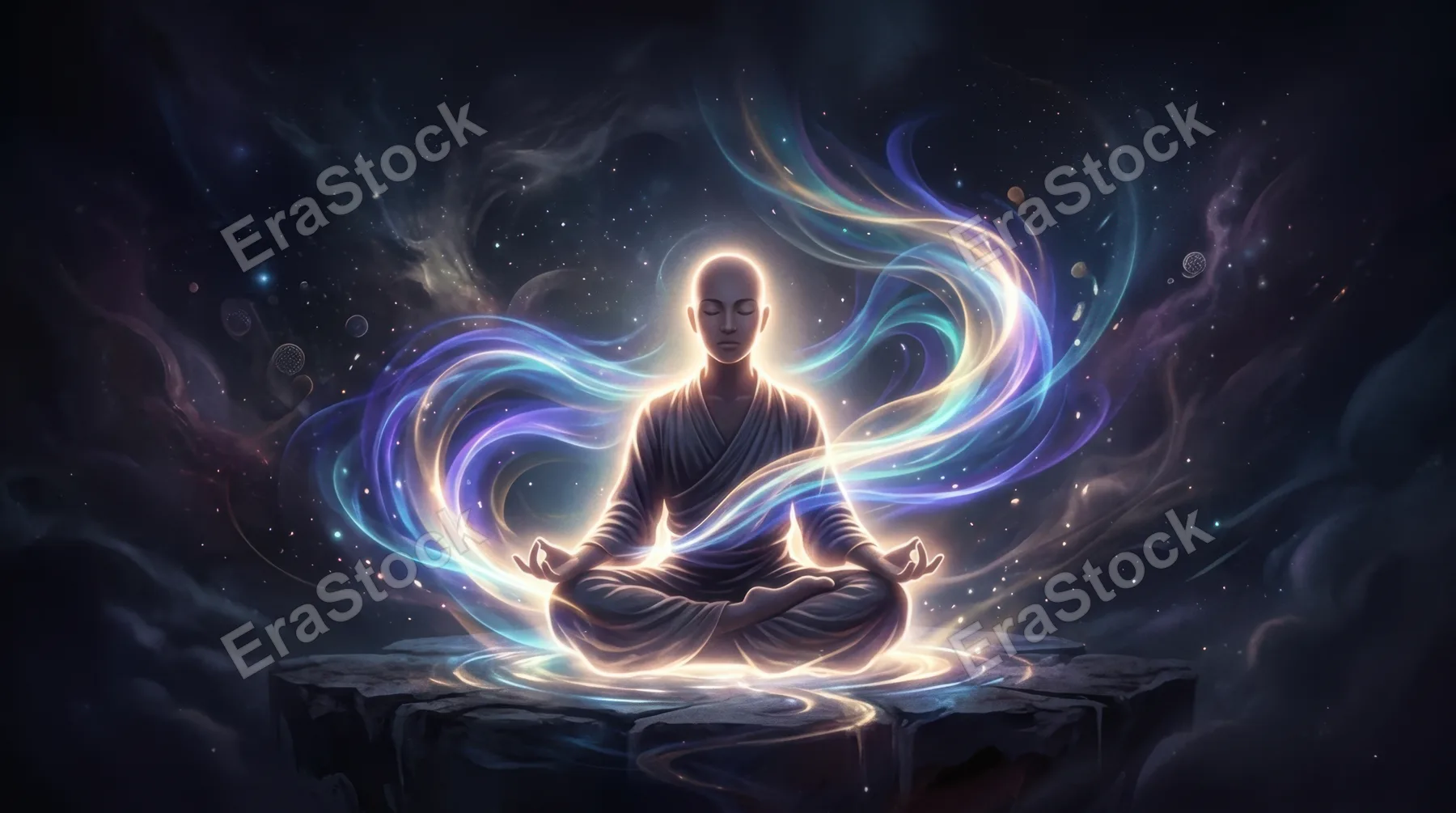 Figure in meditation pose with luminous energy waves flowing around the body, soft radiant light outlining the silhouette, abstract background fading into darkness