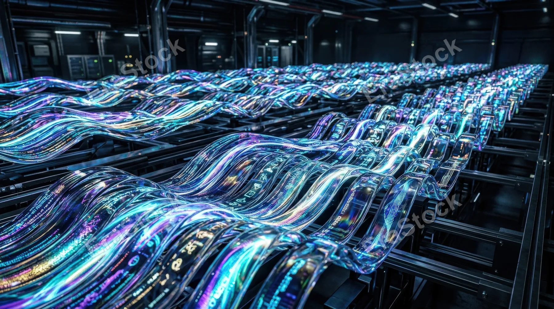 Rows of glass holographic curved shapes forming a dynamic data-array pattern, iridescent motion effect, futuristic tech energy, ultra-realistic, no logos.