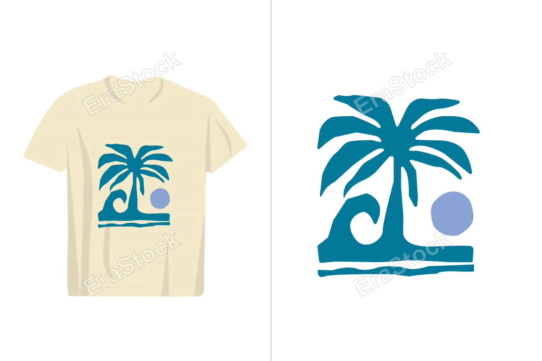 A cream t-shirt displays a stylized blue graphic of a palm tree with a wave and a circle representing the sun