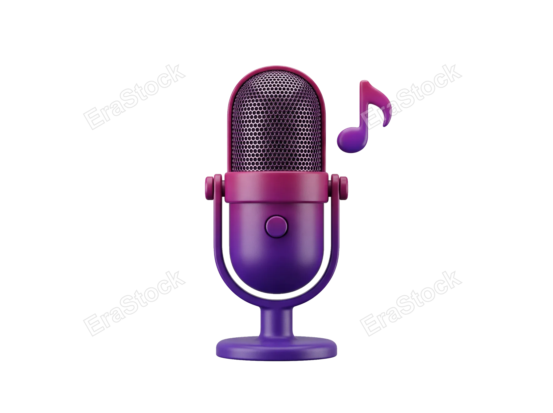 A vintage-style microphone in vibrant purple and pink hues, accompanied by a musical note, representing sound recording and artistic expression