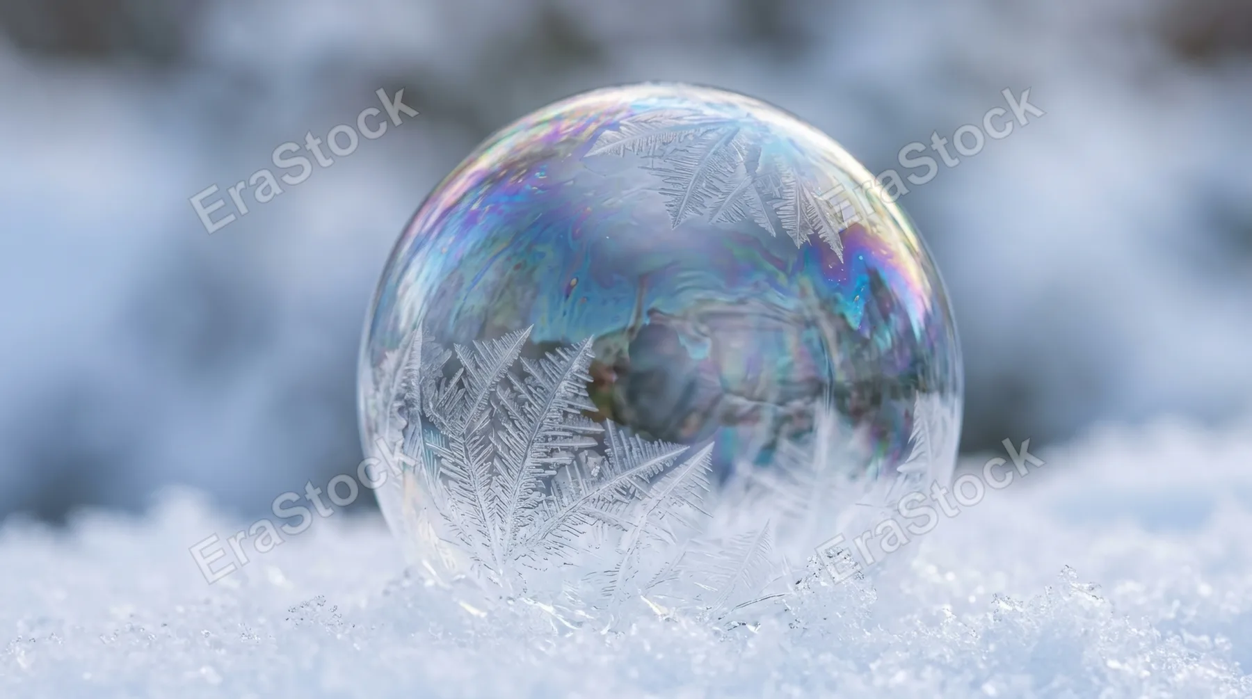 A frozen soap bubble resting on a snow surface in the process of crystallizing, ice crystal dendrites growing inward from the outer membrane in real time, the interior