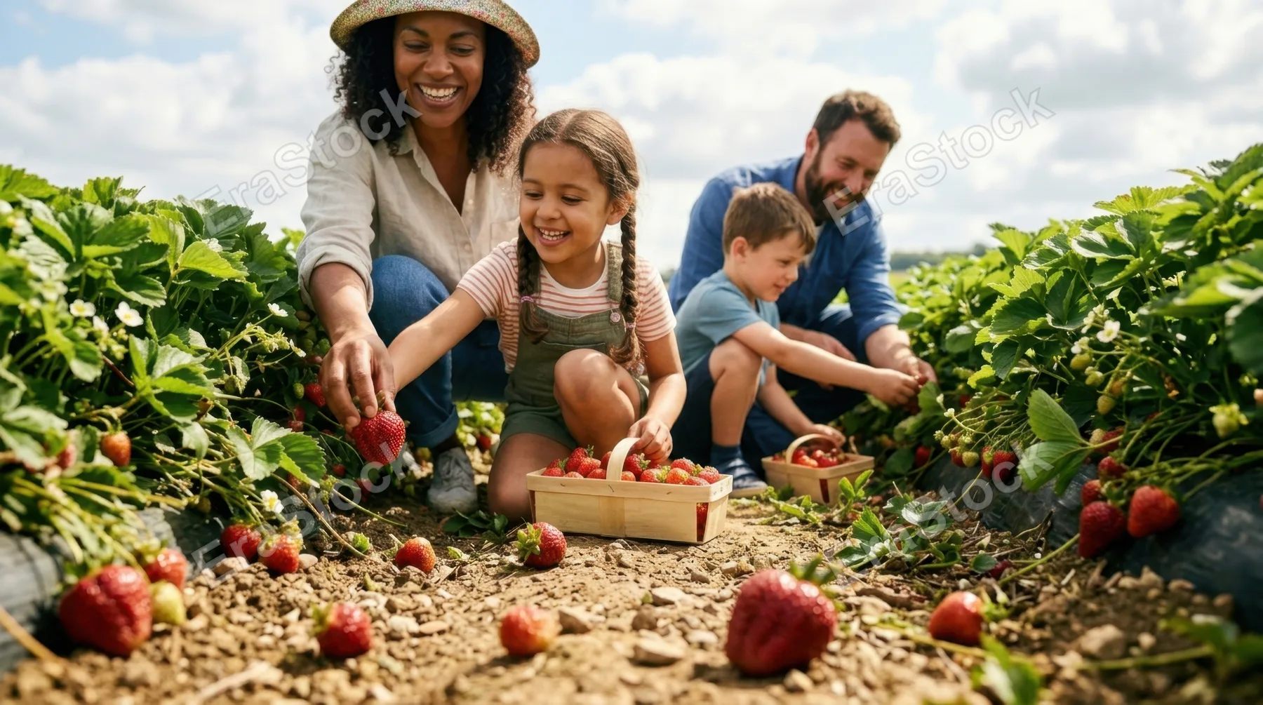 a low angle shot focusing on families happily harvesting strawberries, framed amid the sprawling green plants. the shot encompasses the rich colors and textures of the