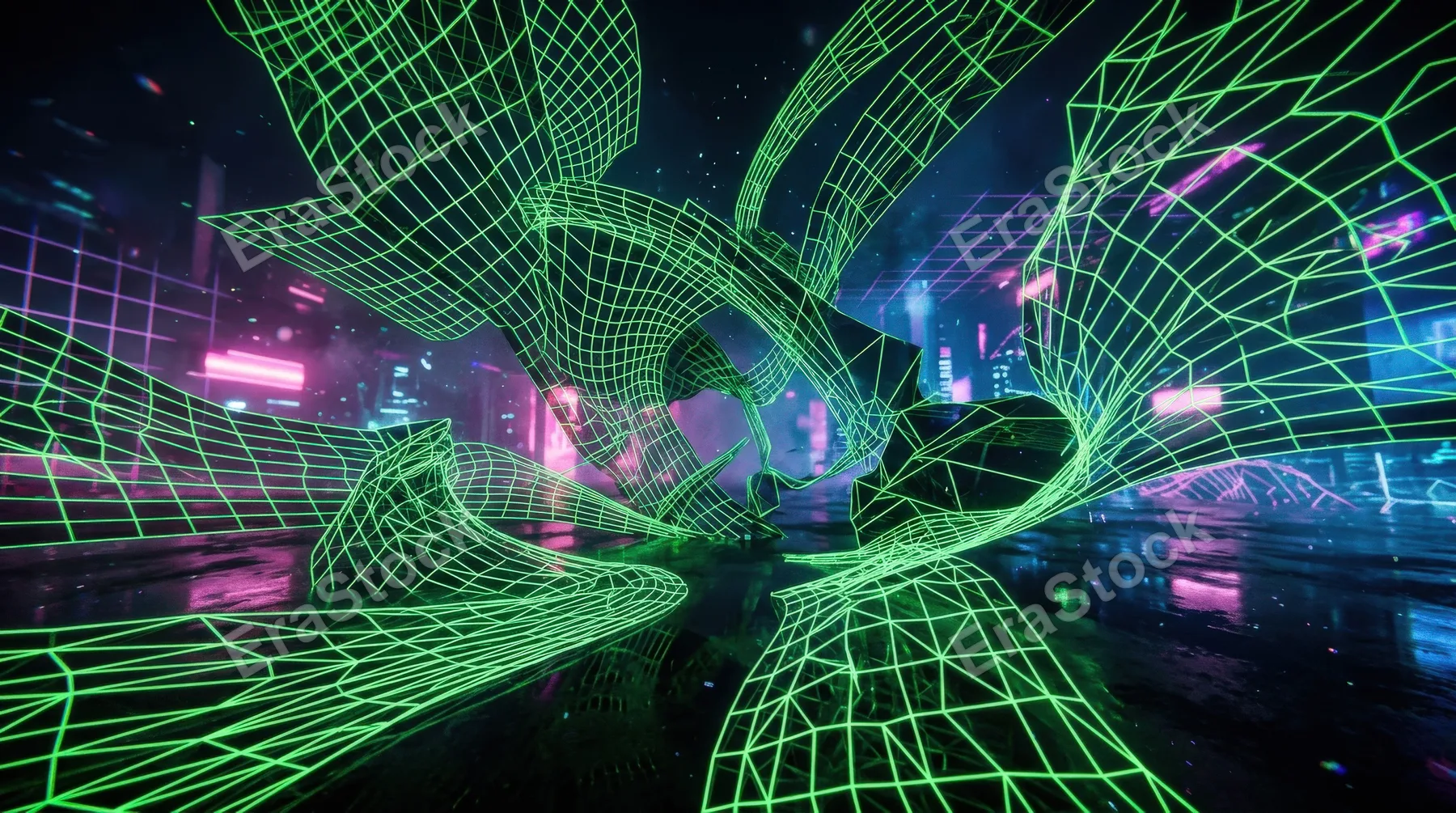 A set of distorted neon green wireframe grids, futuristic warped geometry and vaporwave energy with a glossy late-90s digital mood, ultra-realistic, no logos.