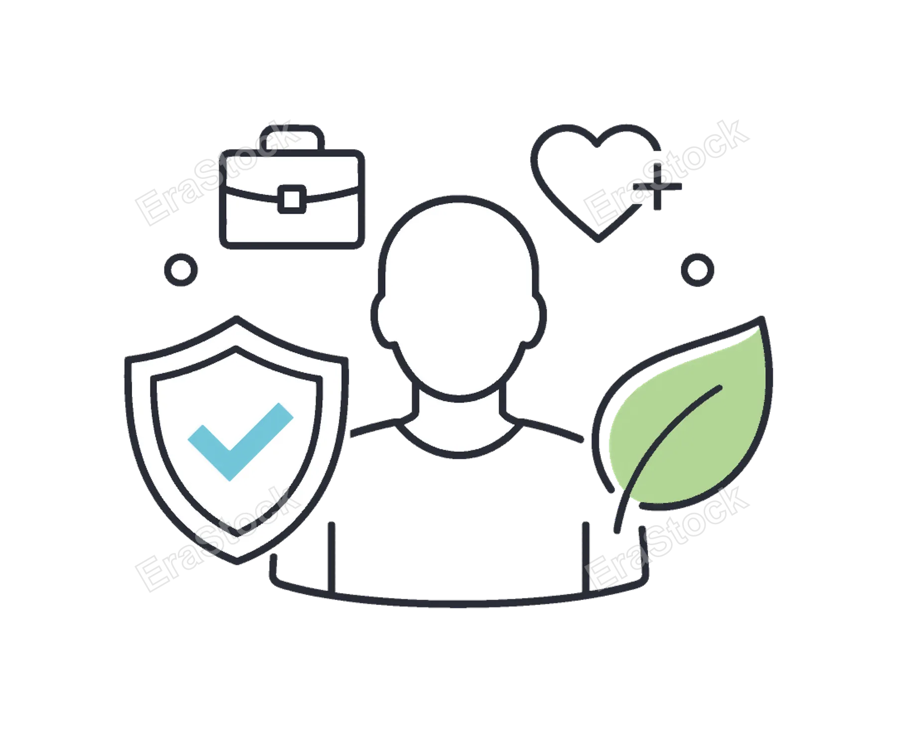 Work-life balance and employee support programs in corporate environments, a human figure combined with a simple shield and leaf element symbolizing protection and