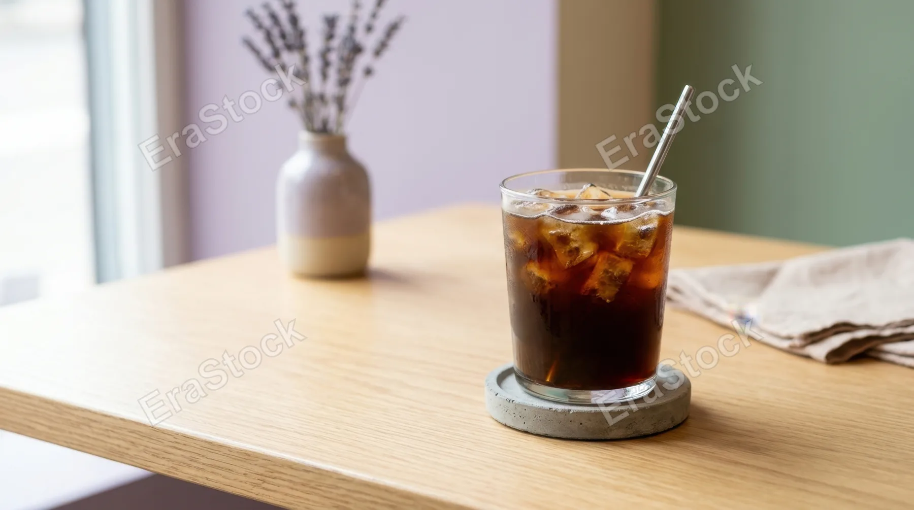 in a bold, graphic composition, a focused view of the iced americanos on a well-lit table creates generous negative space around the cup, enhancing visual clarity. the