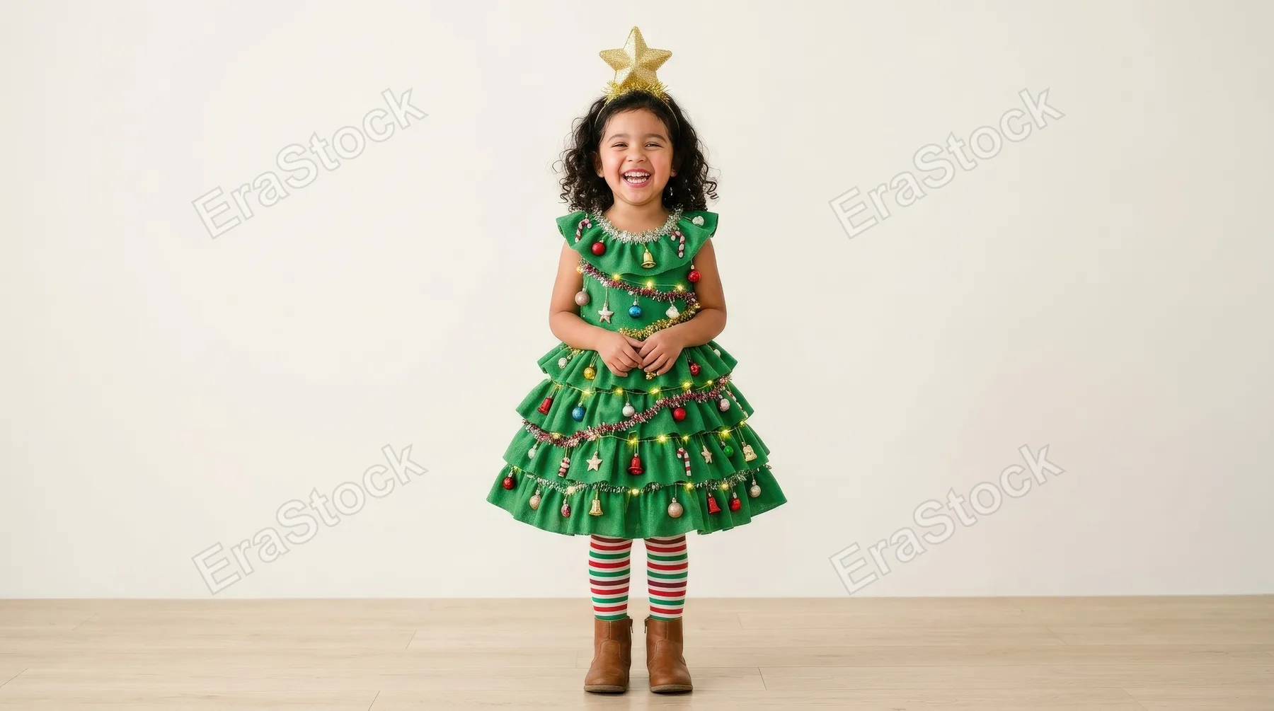 A happy Hispanic child dressed as a Christmas tree with a star on their head, smiling joyfully, isolated clean background, whimsical holiday portrait, ultra-realistic, no logos.