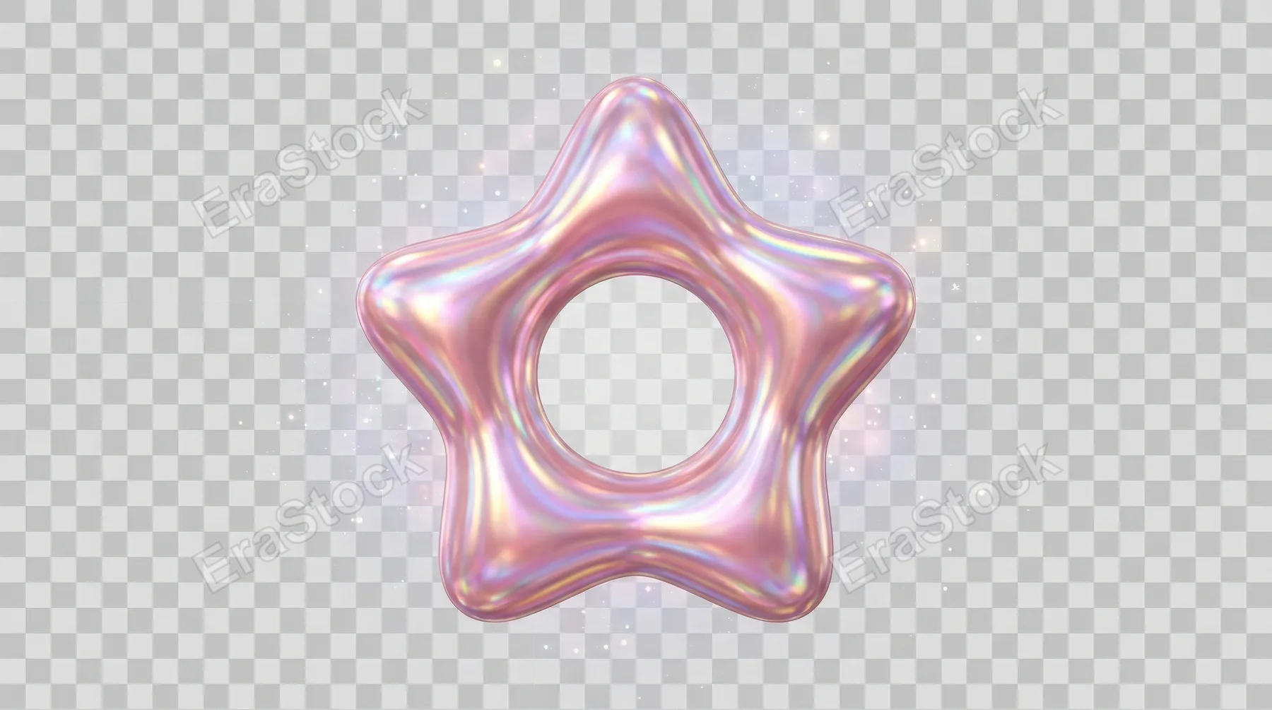 A holographic star frame ring in glossy pink pearl tones, isolated on transparent background, iridescent reflections, smooth inflated contour, dreamy celestial mood, ultra-realistic, no logos.
