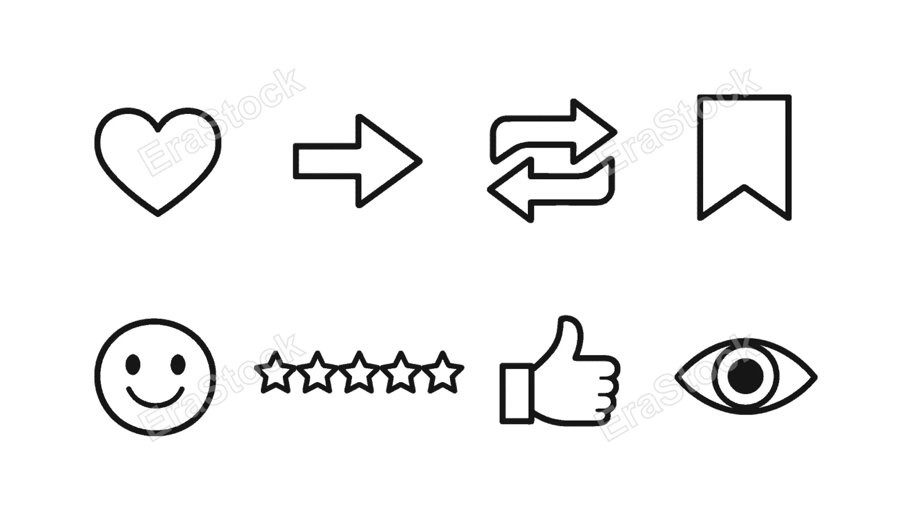 Social media engagement: heart like, share arrow, repost arrows, bookmark flag, emoji smile, star rating, thumbs up, eye view symbol.