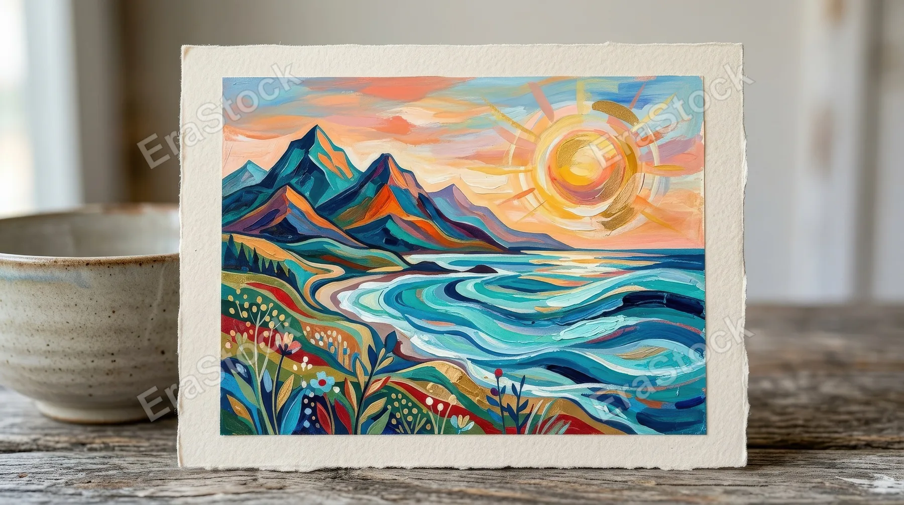 A colorful abstract landscape card with mountain peak, sun and sea, modern peaceful scenery, artistic contemporary atmosphere, ultra-realistic, no logos.