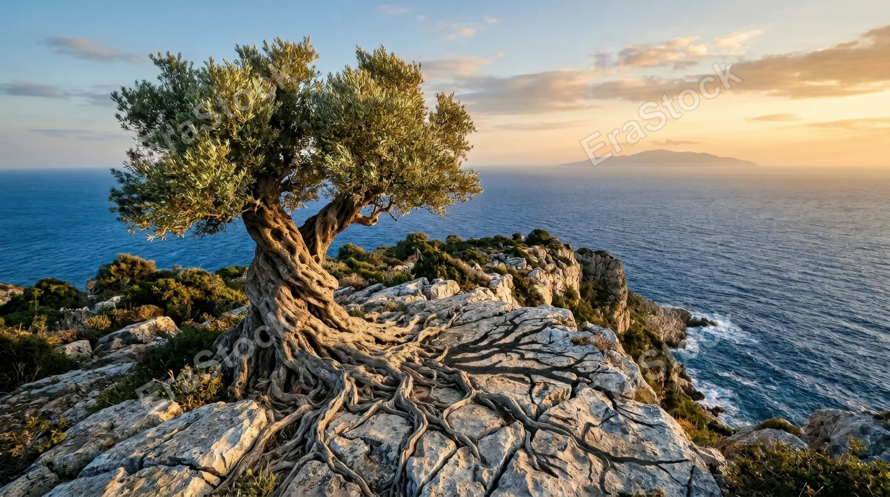 A single ancient olive tree on a rocky Mediterranean promontory at golden hour, the massively gnarled trunk twisted into a spiral by centuries of coastal wind,