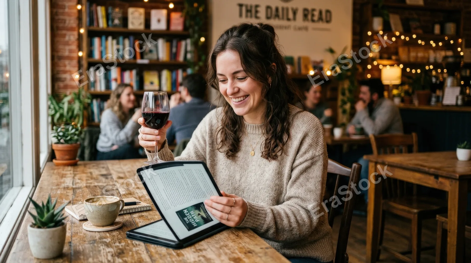A smiling woman reading from a digital tablet while holding a glass of wine in a warm cafe, stylish freelance comfort and relaxed creative atmosphere, ultra-realistic, no logos.