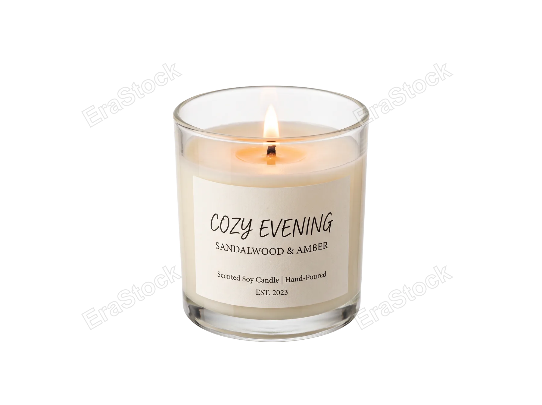 A hand-poured soy wax candle in a glass jar, featuring a warm sandalwood and amber scent for a relaxing atmosphere