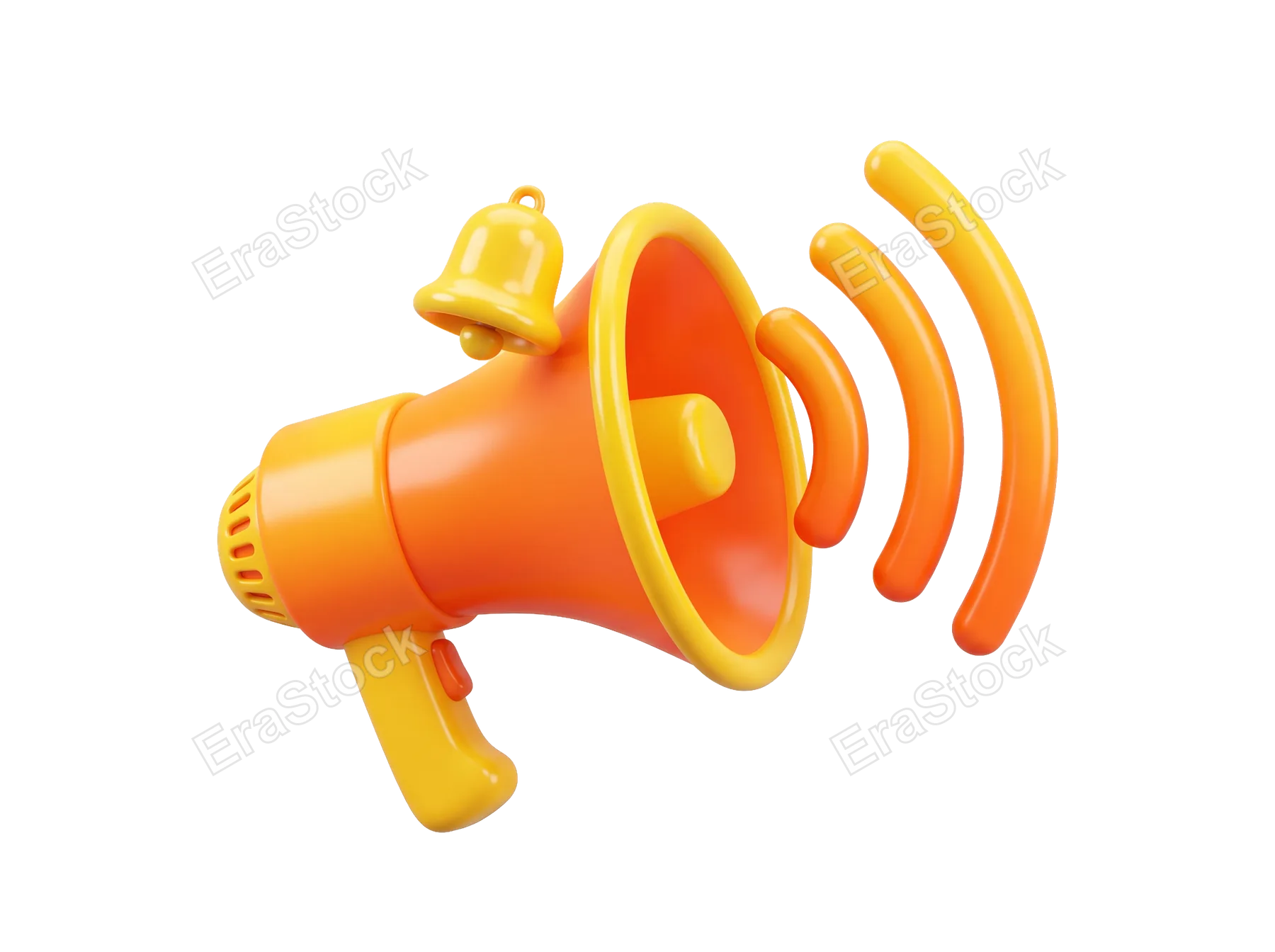 A vibrant, stylized 3D illustration of a megaphone emitting sound waves, complete with a small bell on top, symbolizing announcements and alerts