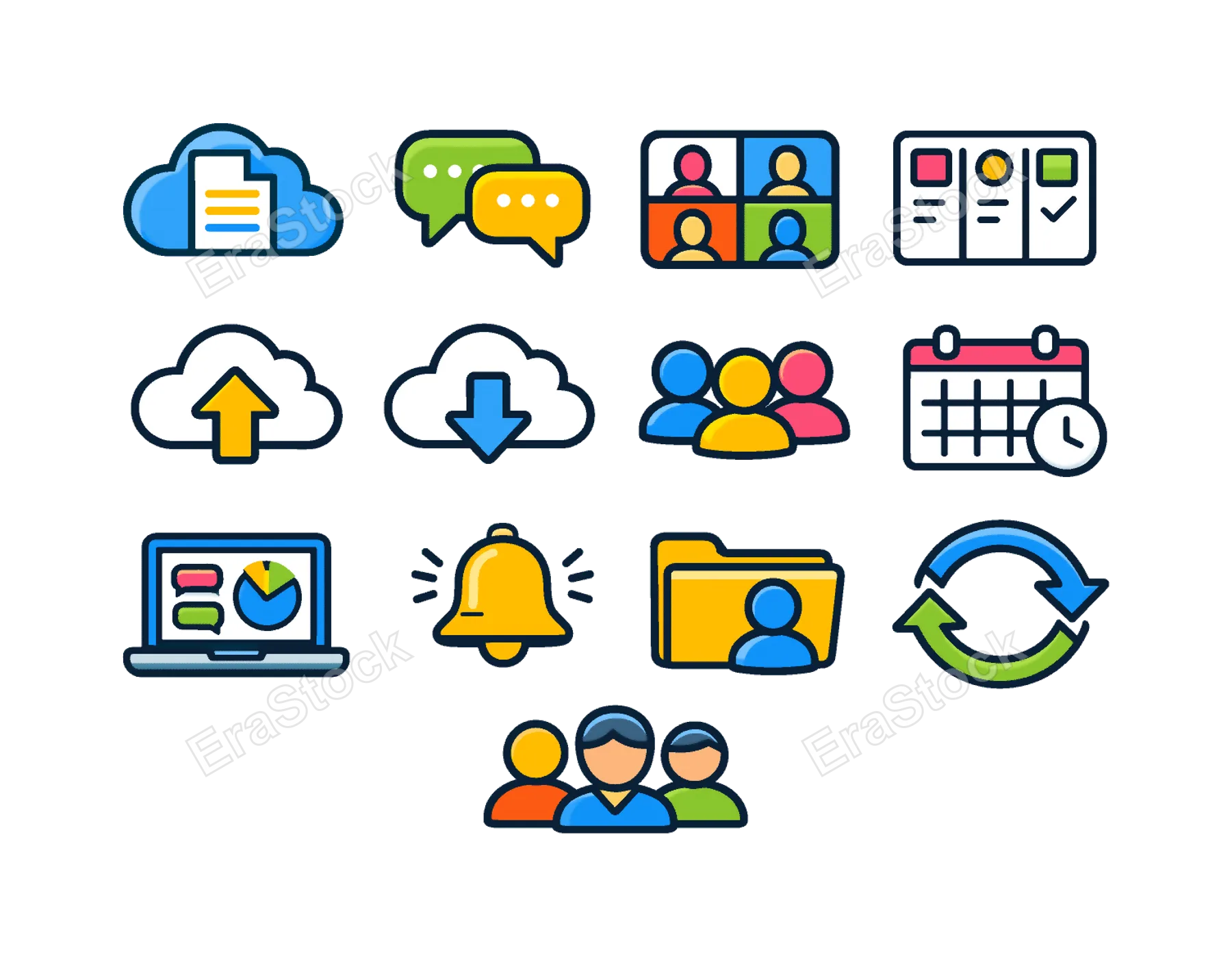 Cloud collaboration tools: shared cloud document, team chat bubbles, video meeting screen, task board columns, cloud file upload arrow, cloud file download arrow, group user