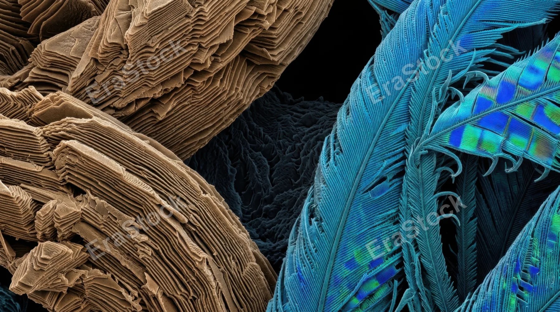 A macro photograph of a peacock feather eye at extreme magnification, the central dark pupil surrounded by rings of iridescent bronze, electric blue and emerald green