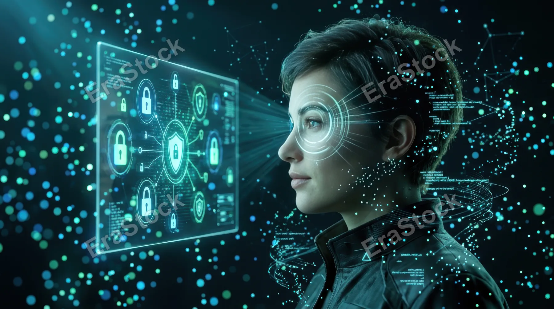 Side profile of a person's face illuminated by gentle blue-green light from a transparent screen displaying lock symbols and shield icons, concentric security rings