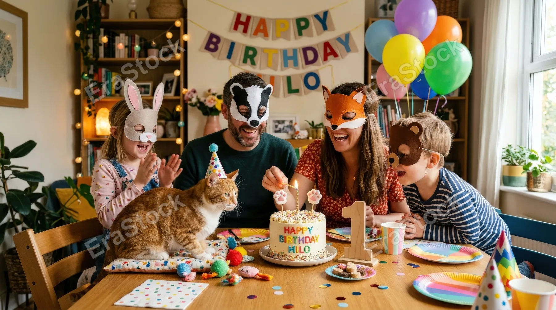 A family wearing playful animal masks while celebrating a cat's birthday at home, festive table, curious pet, balloons and cake, whimsical domestic joy, ultra-realistic, no logos.