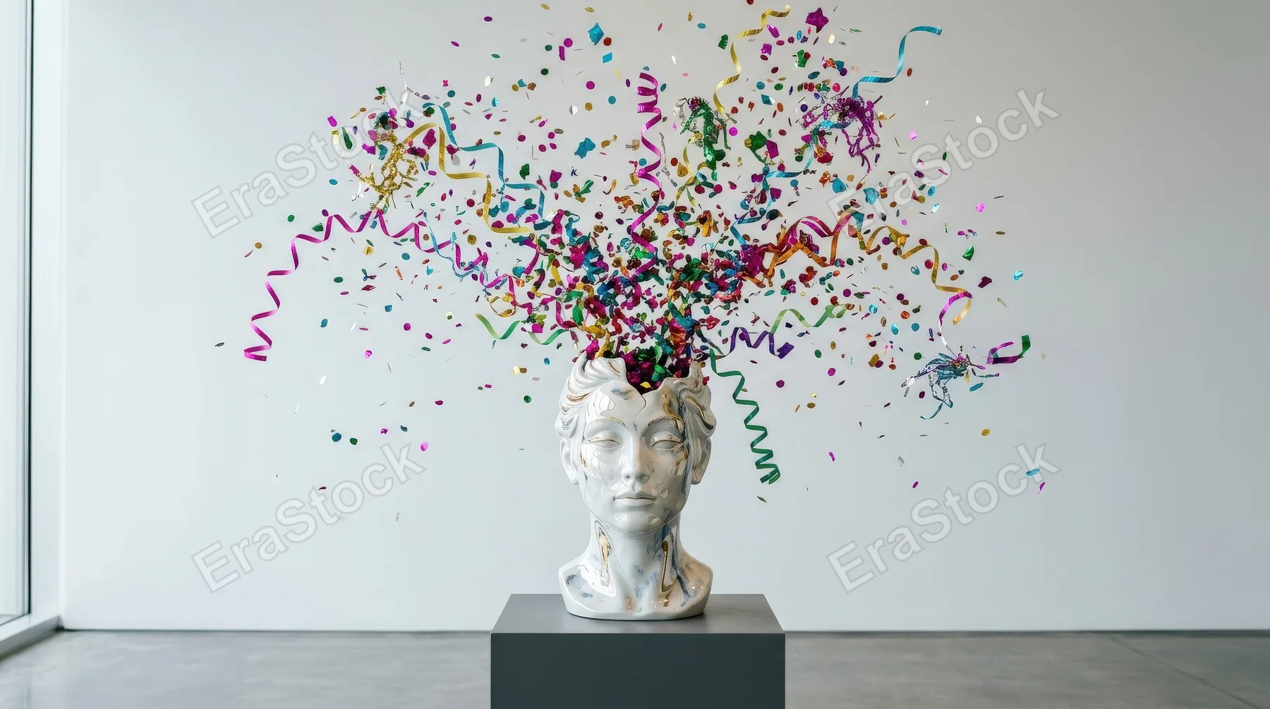 Confetti and streamers bursting from a porcelain head sculpture, surreal composition, glossy ceramic surface, colorful chaos against a clean backdrop, avant-garde artistic atmosphere, ultra-realistic,