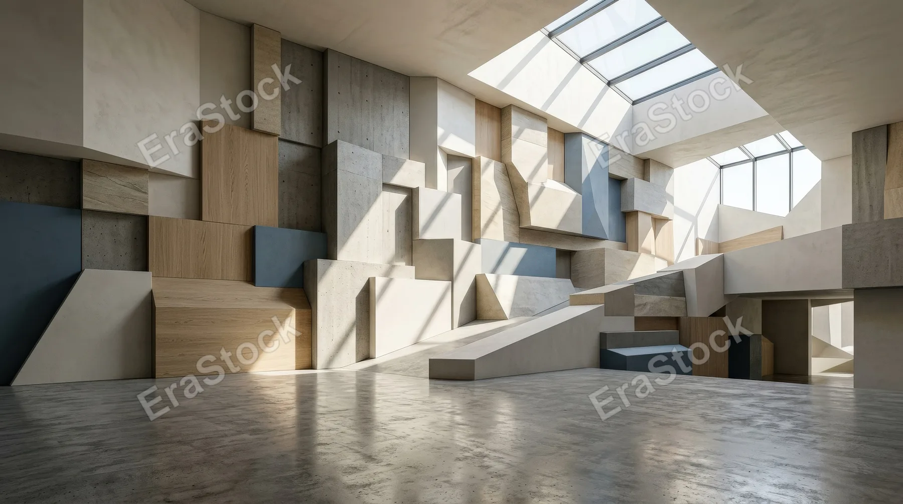 A background of abstract geometric blocks, layered forms and directional light creating a clean contemporary design space, ultra-realistic, no logos.