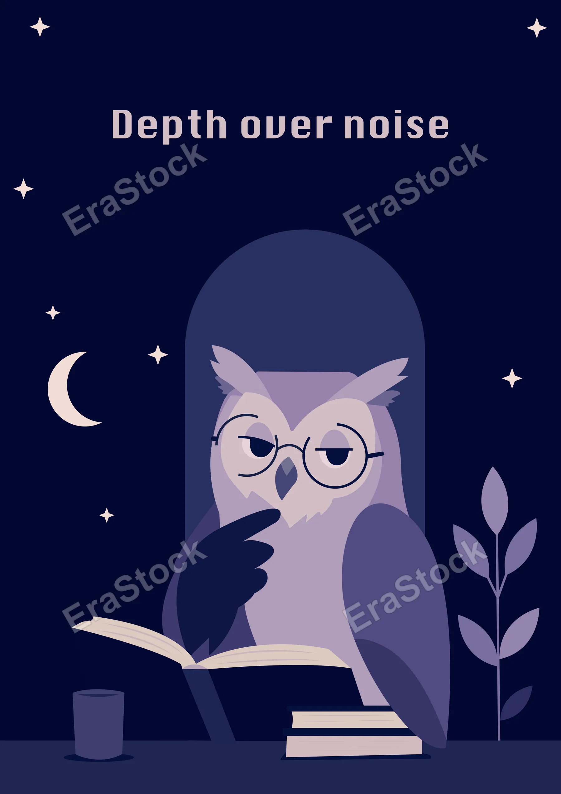 A thoughtful owl wearing spectacles is engrossed in reading a book under the night sky, symbolizing wisdom and knowledge acquisition
