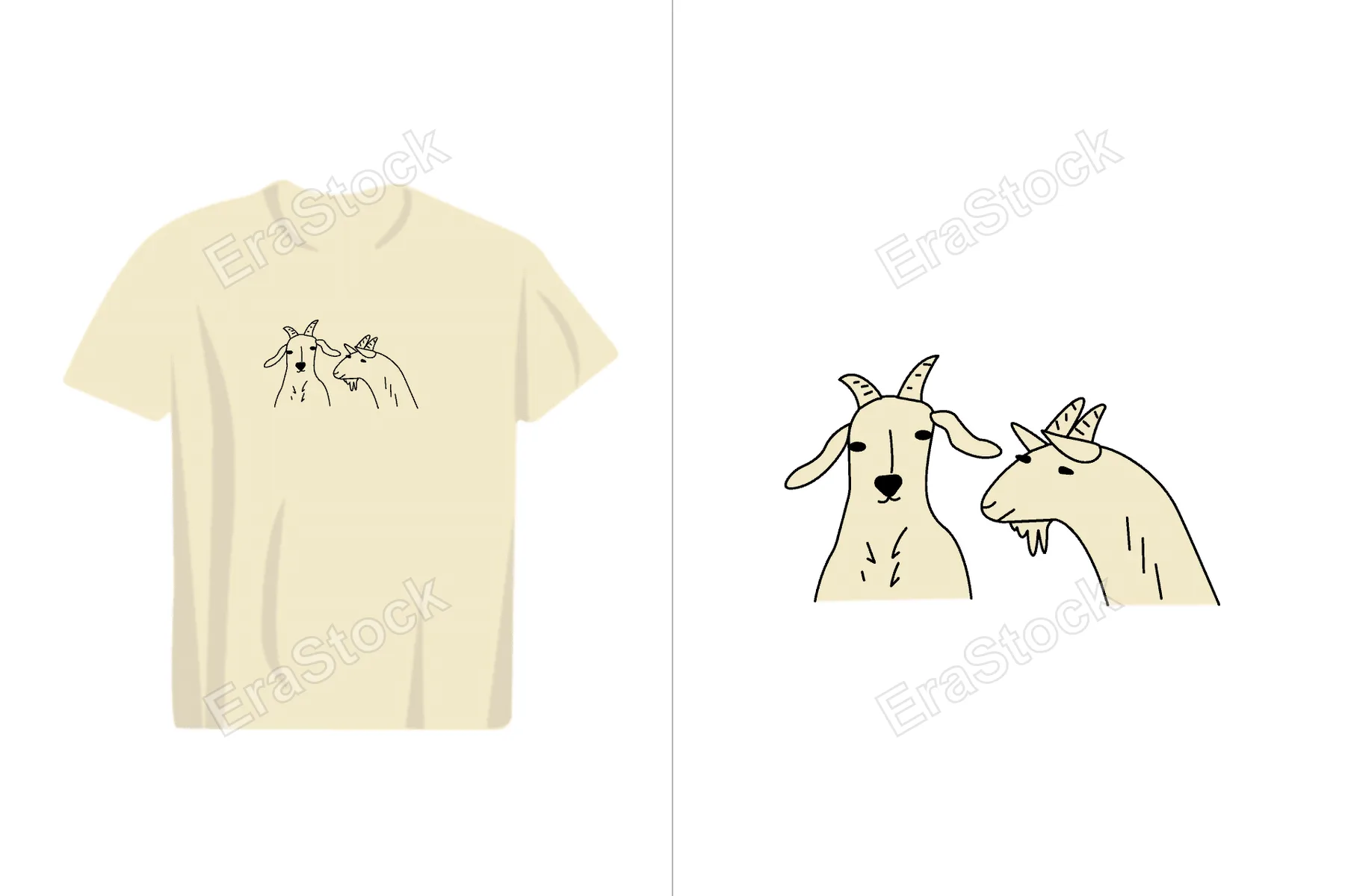 A simple and charming illustration featuring two goats with minimalist line art style, presented on a cream-colored t-shirt mockup