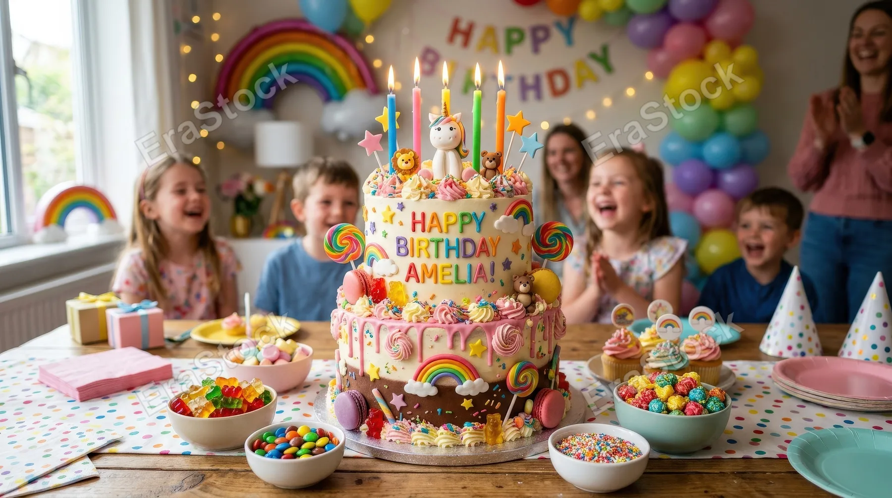 A playful birthday cake set with layered cakes, candles, frosting swirls, and festive sweets, cheerful details, bright celebratory atmosphere, ultra-realistic, no logos.