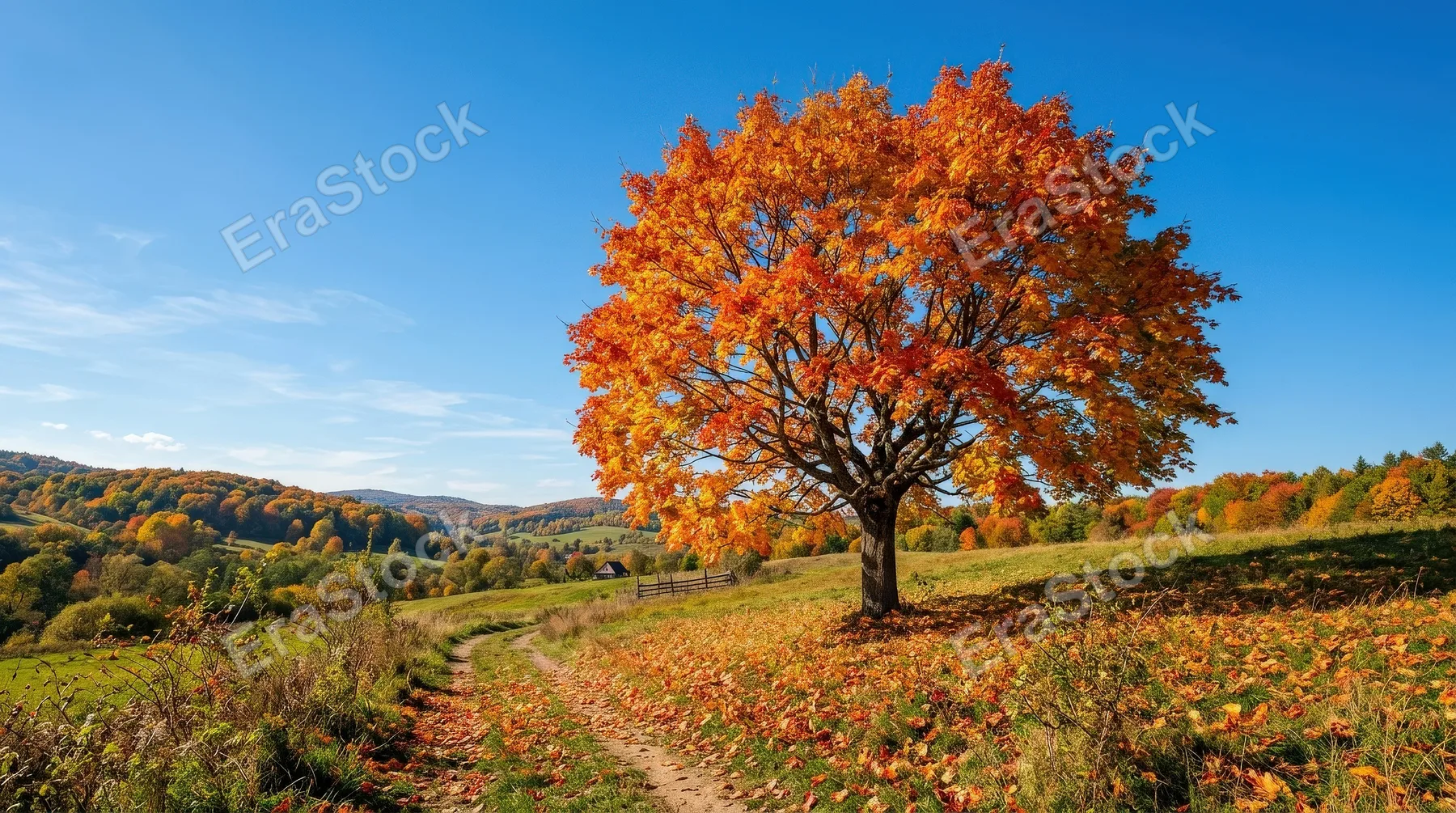A beautiful autumn tree beneath a clear blue sky, glowing seasonal foliage and bright natural tranquility, ultra-realistic, no logos.