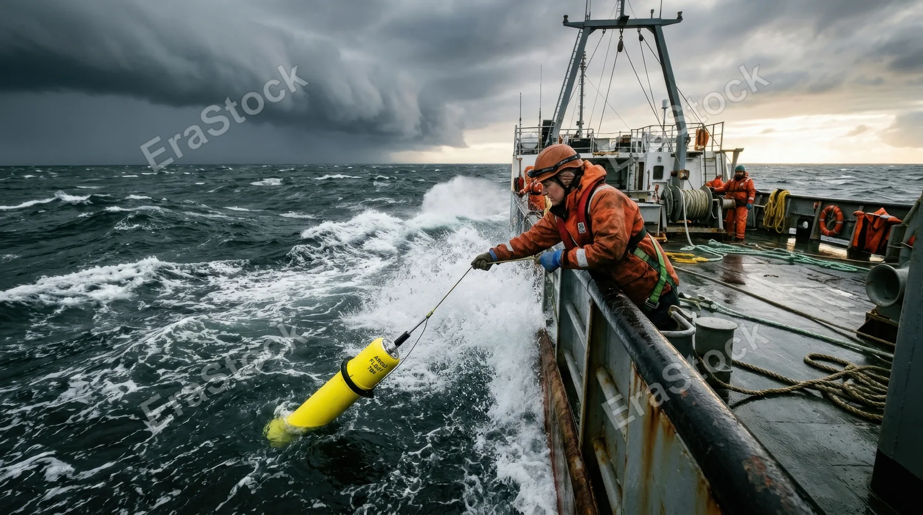 An oceanographer on a research vessel deck at storm edge, leaning over the rail lowering an instrumented Argo float into heaving grey-green swells, the float's yellow