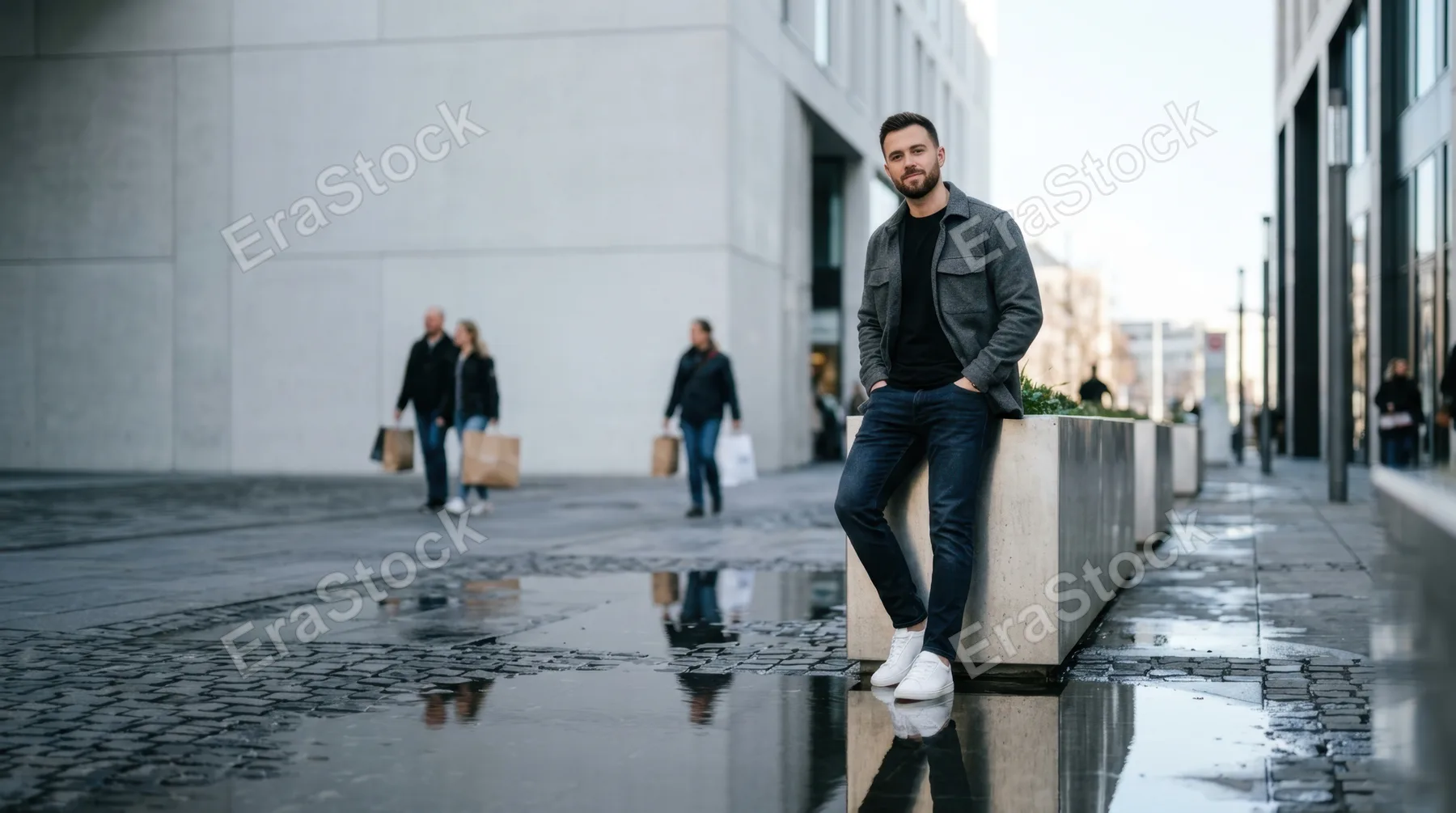 a graphic commercial-style capture of the influencer confidently posing, with generous negative space around him perfect for text overlay, interplaying reflections in the