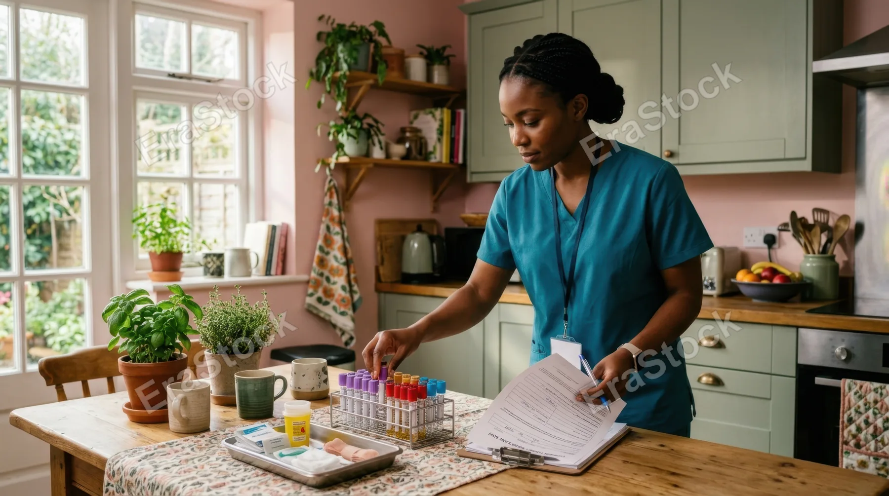 in a cozy kitchen adorned with soft pink and muted green tones, a 30-year-old black female phlebotomist in scrubs is seen in mid-action as she carefully arranges