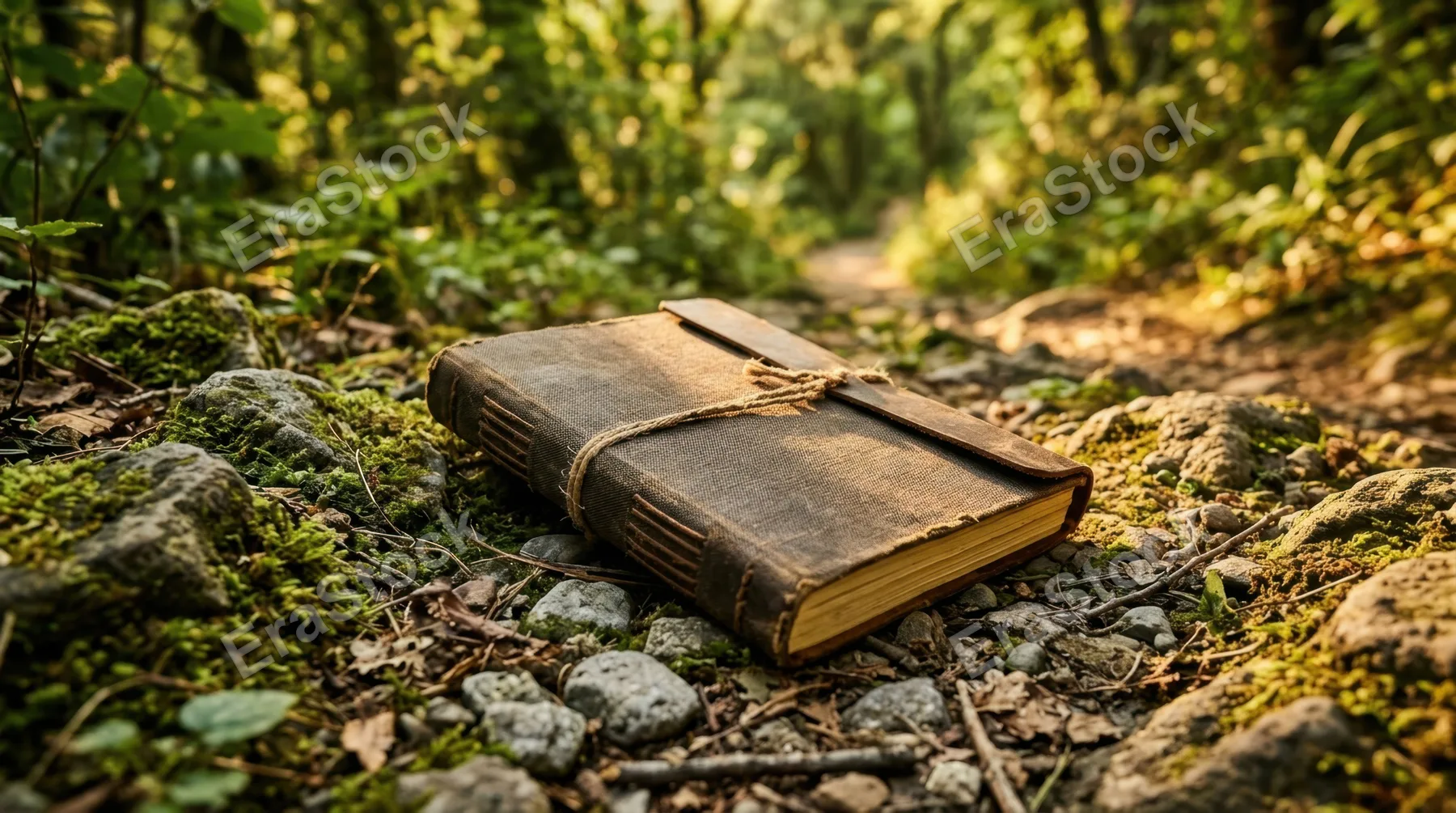 a low angle view of a closed notebook positioned on a rugged trail, emphasizing its textured cover amidst scattered stones and moss. the natural elements create an
