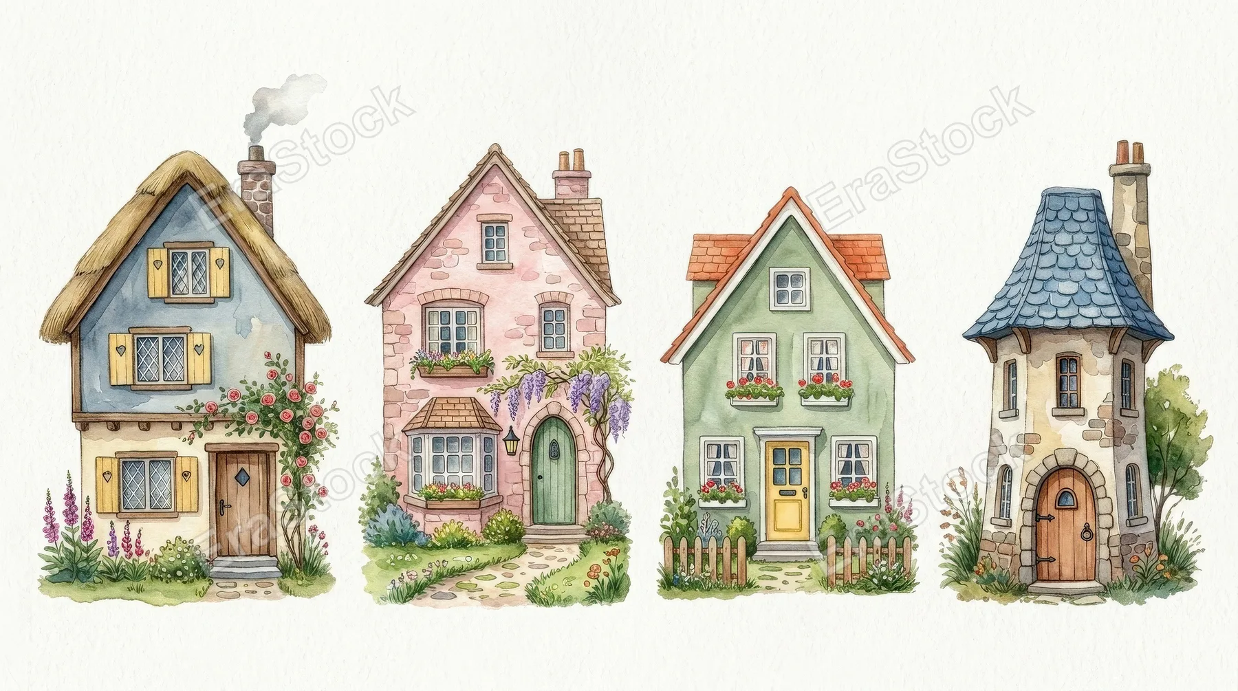 A whimsical watercolor houses clipart set on a transparent background, cozy cottage shapes and pastel architectural details with soft storybook charm, ultra-realistic, no logos.