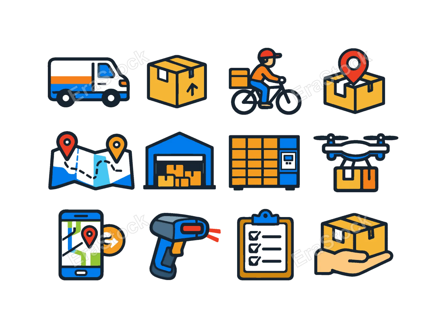Urban delivery logistics: delivery van vehicle, package shipping box, courier bicycle ride, location pin package, route navigation map, warehouse storage building, parcel locker