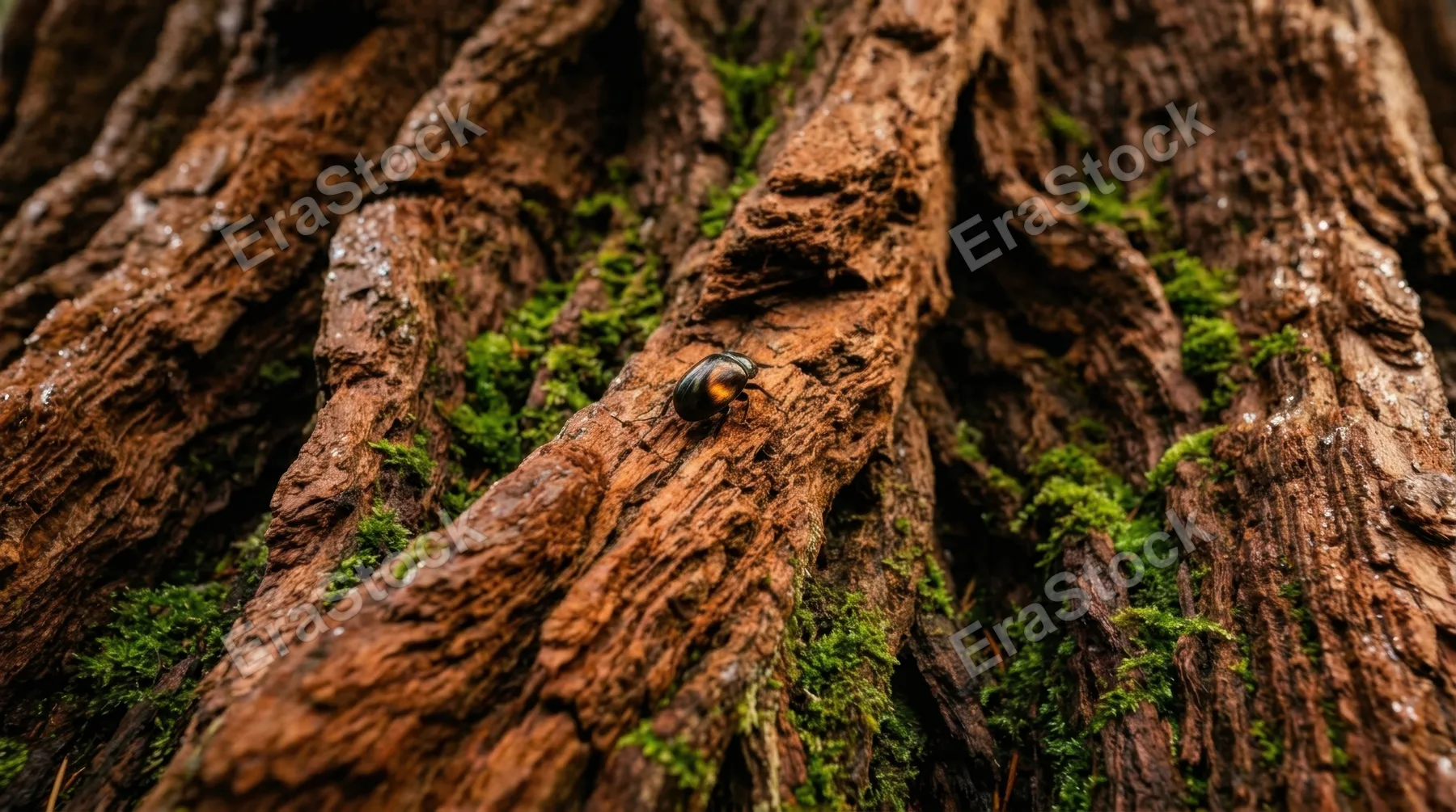 A giant sequoia trunk base photographed in extreme close-up, deeply furrowed cinnamon-red bark forming a landscape of its own with ridges and valleys stretching beyond