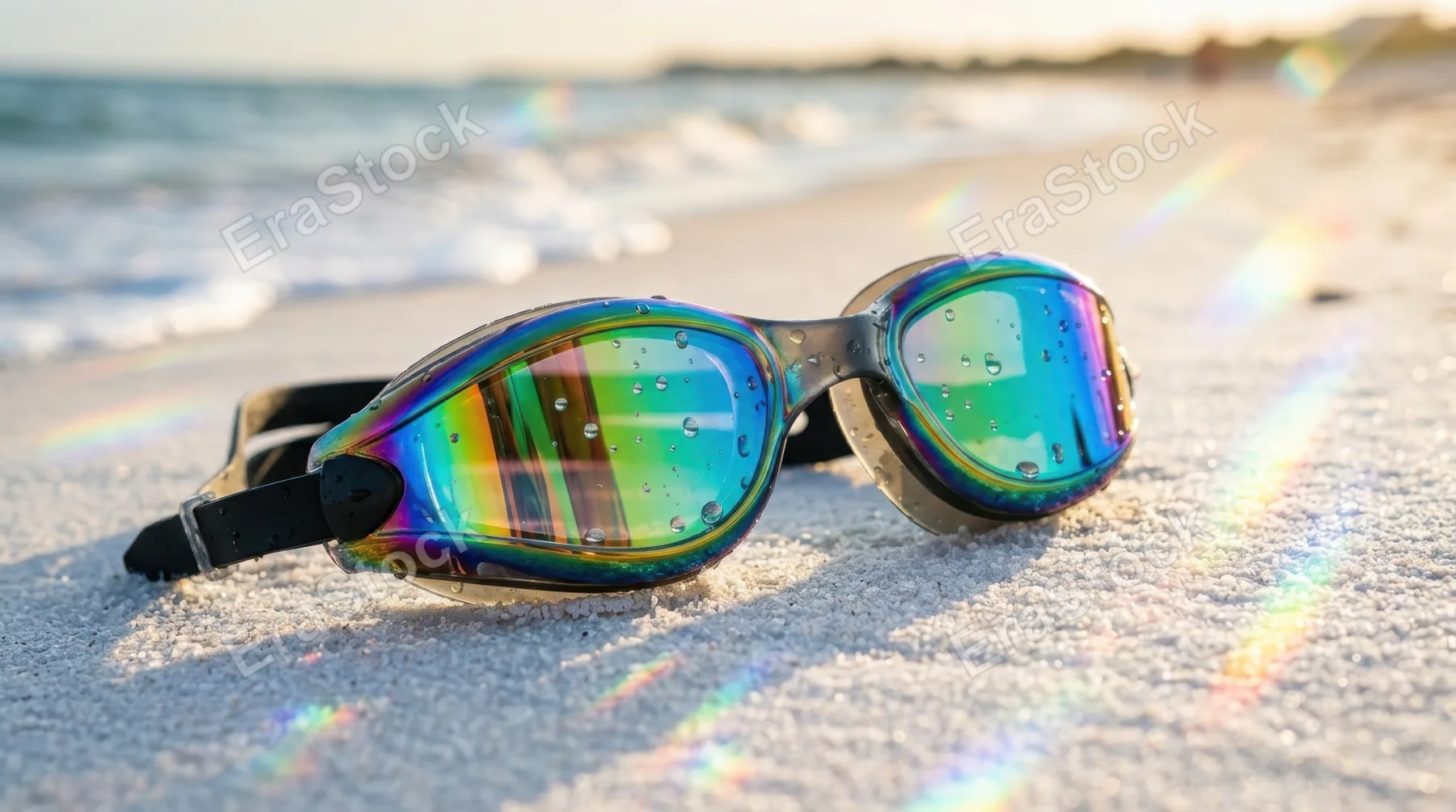Close-up of vibrant spectrum-tinted goggles resting on white sand, each lens reflecting prismatic light in distinct color bands, rainbow refractions dancing across the